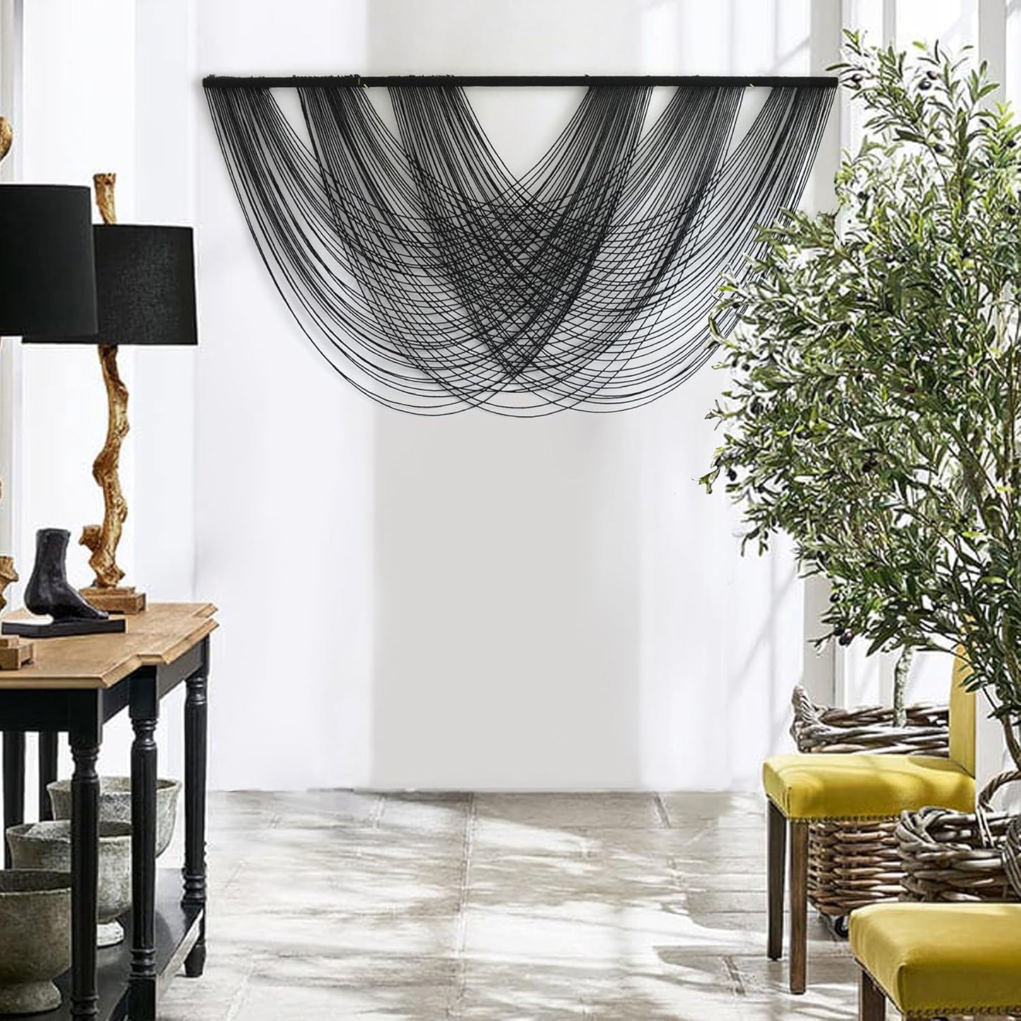 Flber Macrame Wall Hanging Black 59.00" W x 31.00" L Boho Wall Decor Large Boho Yarn Tapestry Living Room Bedroom Home Wall Décor