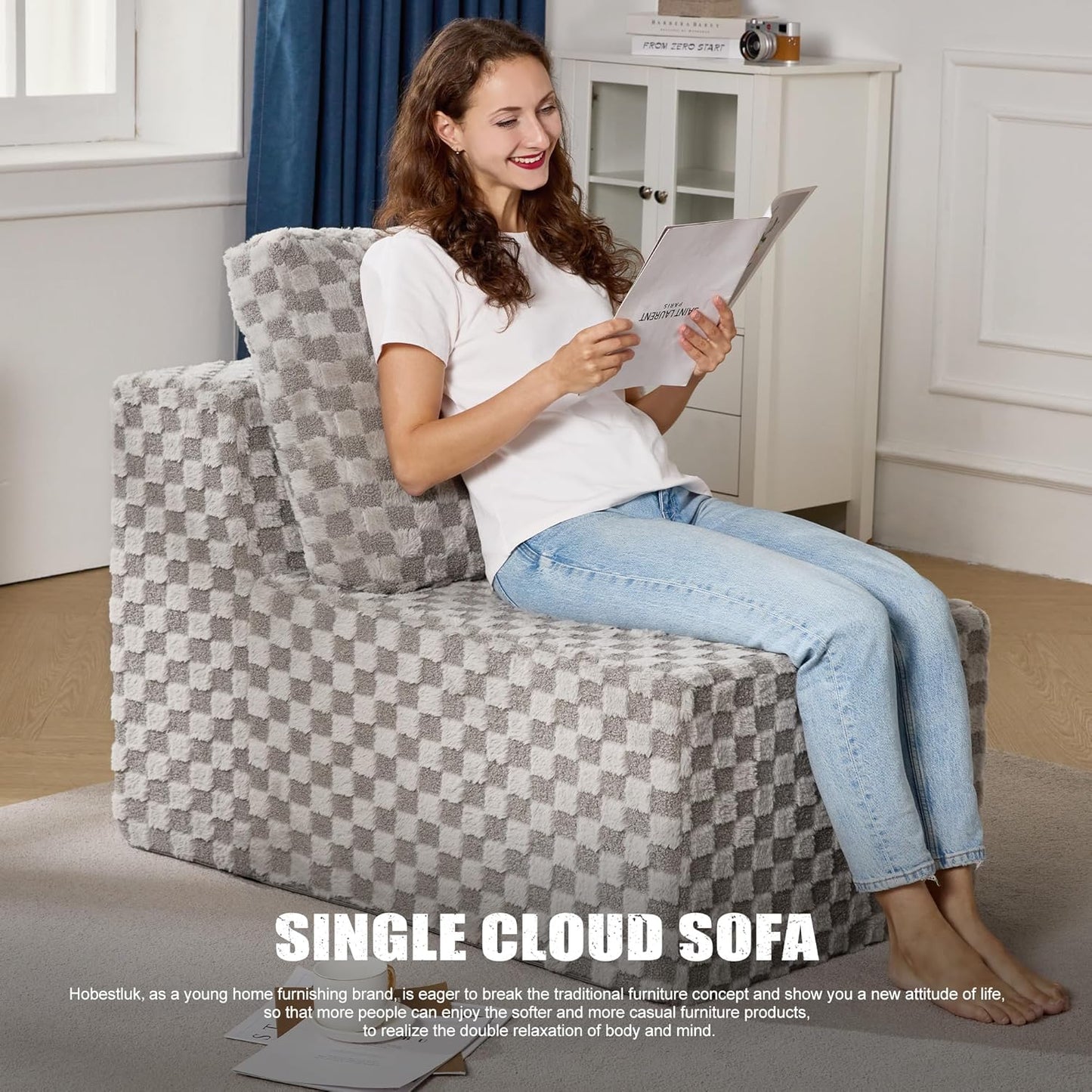 Single Sofa 1 Seat Couch with Deep Seat Memory Foam Cloud Chair with Pillows Large Sofa with L Shape for Living Room Bedroom (Plush Grey, Single)