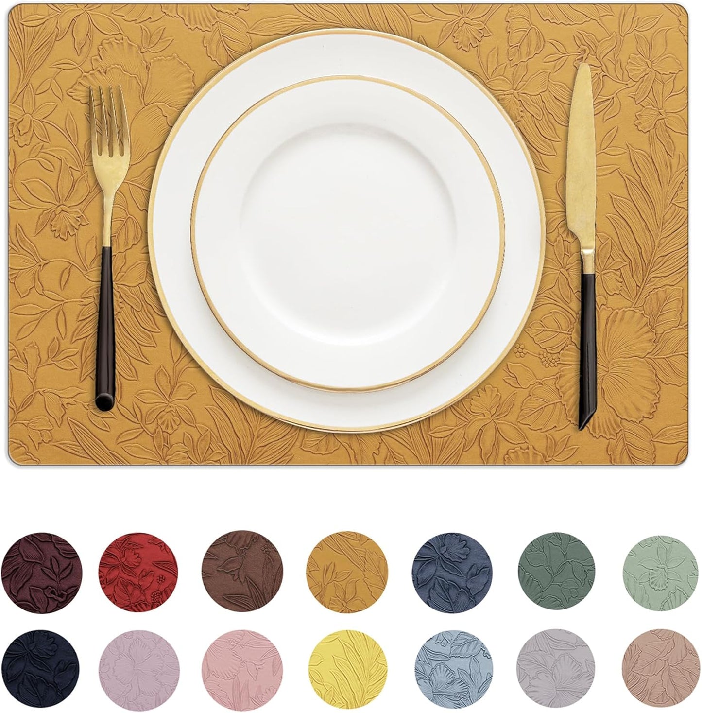 Romanstile Vinyl Placemats Set of 8-12 X 18 Inch - Heat Resistant Non-Slip Embossed Floral Place Mats 100% Waterproof Oilproof Wipeable Faux Leather Table Mats for Kitchen/Dining/Party, Gold