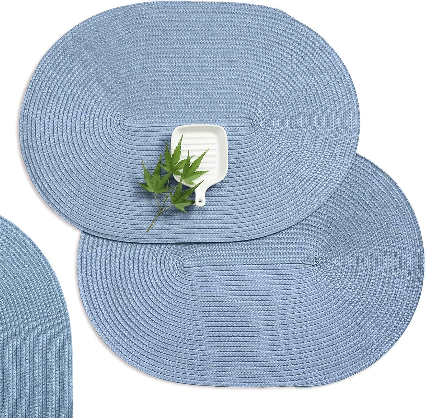 AHHFSMEI Placemats Set of 6 for Dining Table Washable Woven Vinyl Non-Slip 18x12 inches Placemat Heat-Resistant Durable Table Mats for Dining Table Easy to Clean(Light Blue)