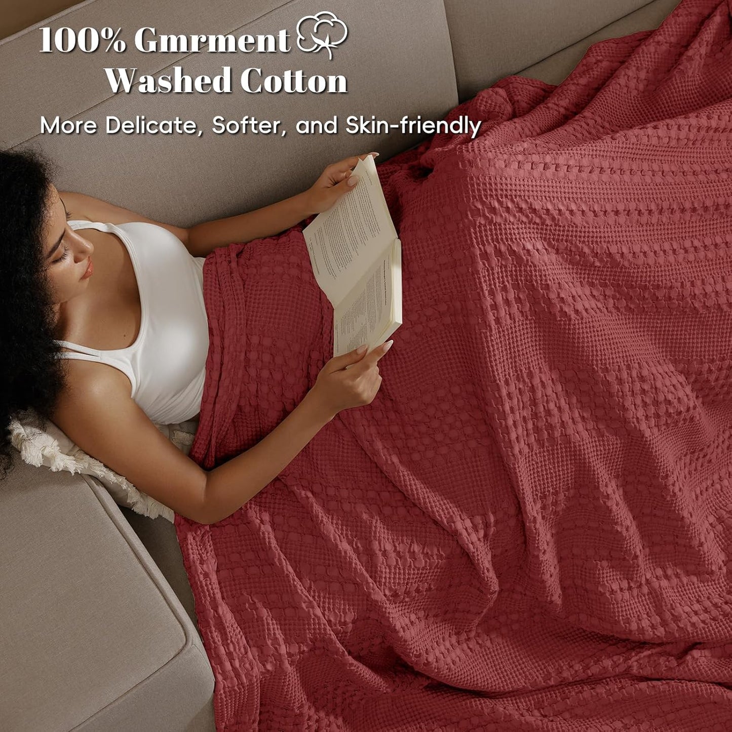 PHF 100% Cotton Waffle Weave Blanket Twin Size, Soft Lightweight Breathable Cozy Summer Blankets for Bed, Luxury Aesthetic Woven Bedding for Home Decor, 66"x90", Wine Red