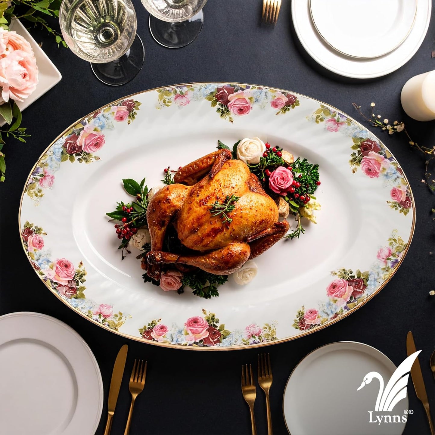 Lynns Paradise Philomena 14-Inch Oval Platter, Set of 2, Pink; Heavy Duty; Chip Resistant; Lead and Cadmium Free; Freezer to Oven Safe up to 500°F