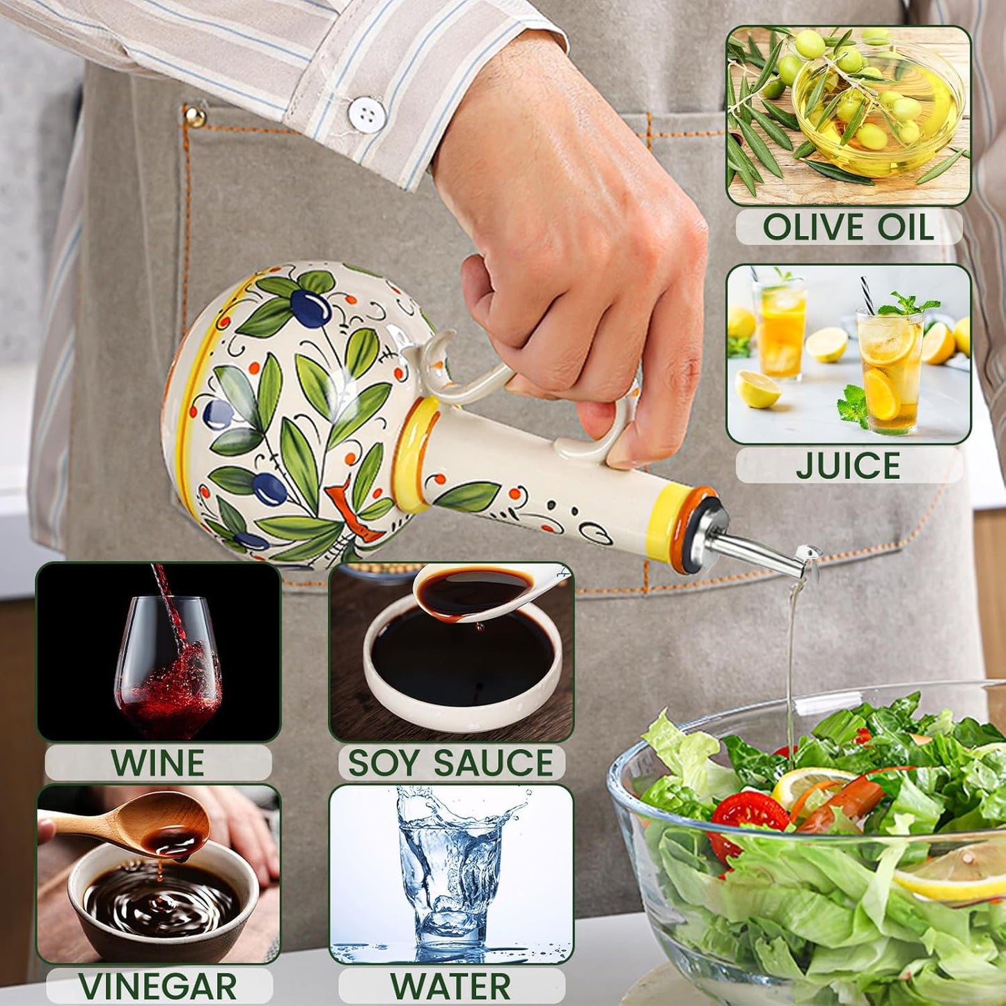 18 oz Ceramic Olive Oil Dispenser Bottle for Kitchen, Large Capacity Oli and Vinegar Cruet with Stainless Steel Spout, 540 ml Oil Container with Handle for Cooking Preventing, Vinegar Cruet