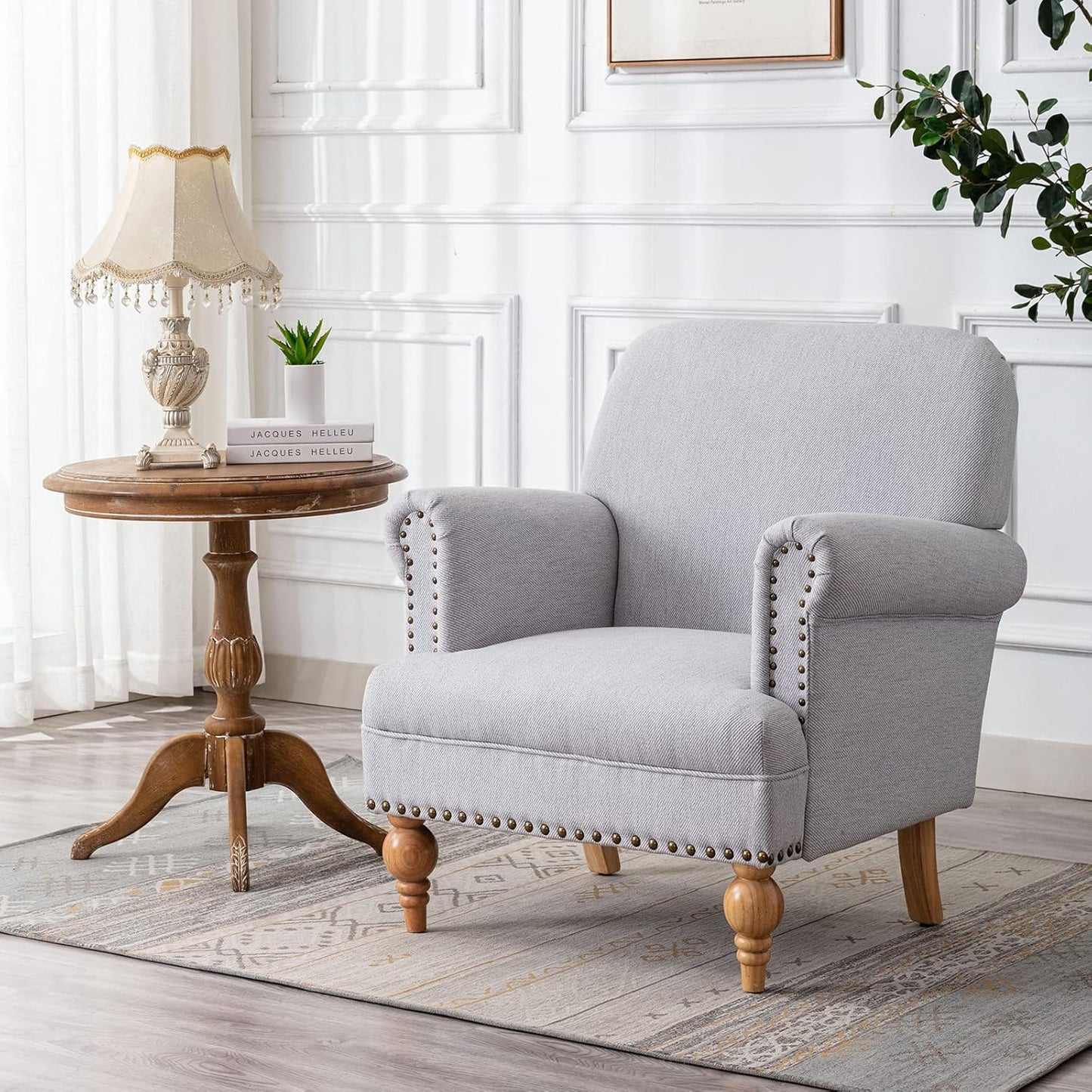 chairus Linen Accent Chair for Living Room Upholstered Mid Century Modern Single Sofa Chair with Solid Wood Legs Comfy Reading Chair Armchair for Bedroom/Office Room/Recption/Lounge, Grey