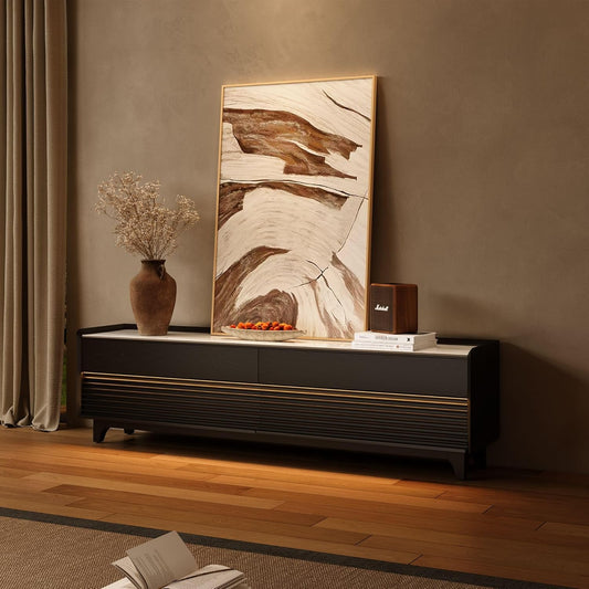 POVISON Fully-Assembled Mid Century Glossy Sintered Stone Tabletop TV Stand with Legs, Wood Media Console with Adjustable LED Light for 75-inch TVs, Entertainment Center with Storage for Living Room