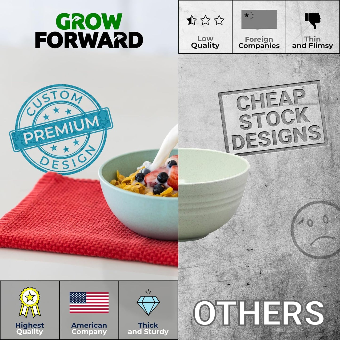 Grow Forward Premium Wheat Straw Bowls - 20oz Microwave Safe Plastic Cereal Bowls Set of 8 for Kitchen, Camping, RV, Dessert, Snack, Soup, Salad, Fruit - Reusable, Unbreakable & BPA Free - Seascape