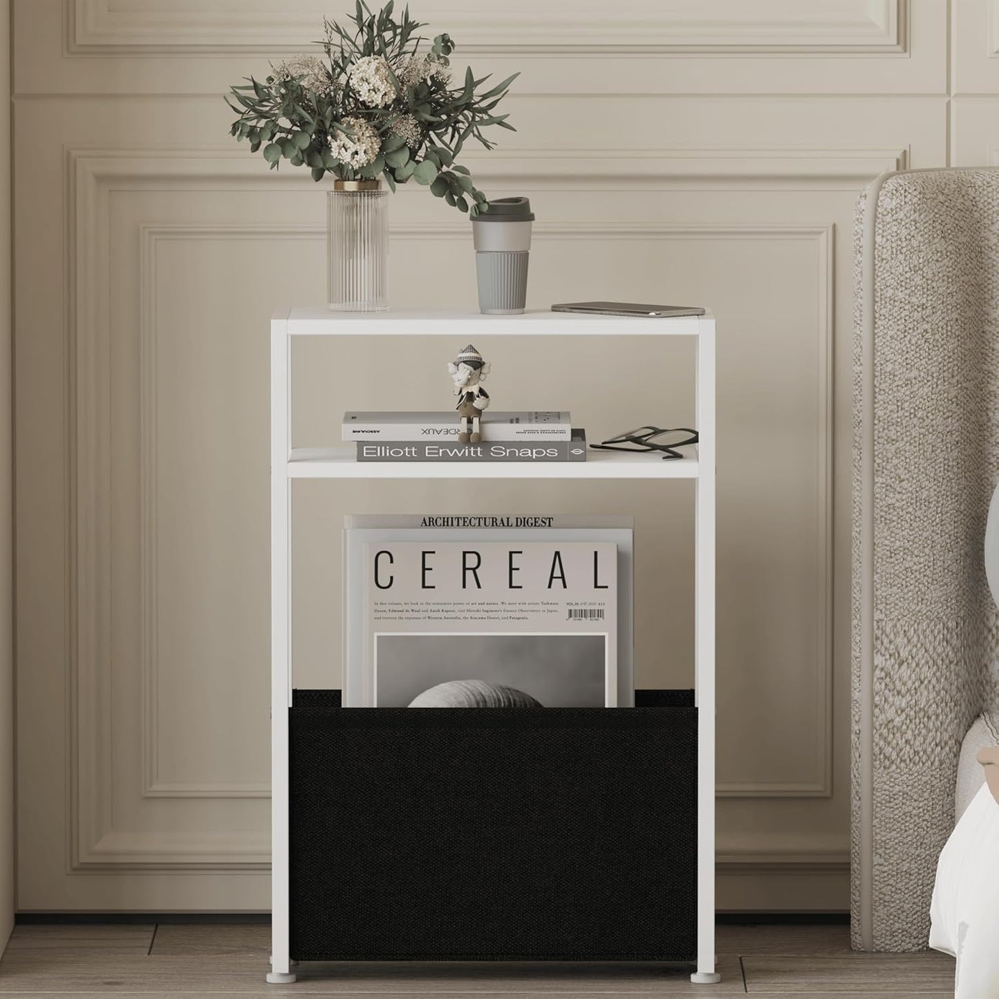 Narrow Side Table, Slim End Tables with Fabric Basket, Skinny Table for Small Spaces, Thin Bedside Table for Living Room, Bedroom, White, ZBZ01