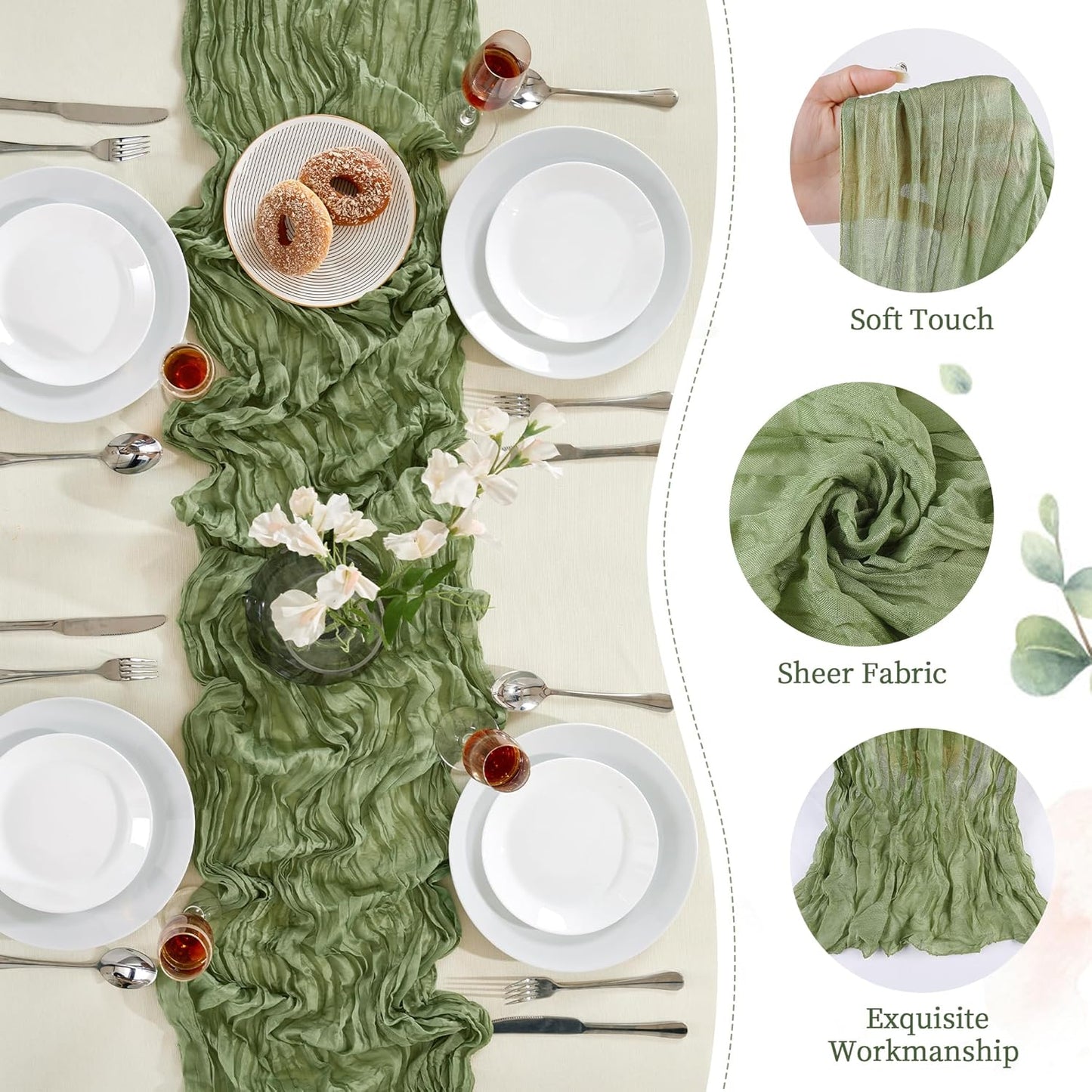 24 Pack Sage Green Cheesecloth Table Runner 10FT Long Boho Gauze Table Runner Rustic Sheer Runner for Wedding Bridal Baby Shower Birthday Party Table Decor Thanksgiving Christmas Decorations