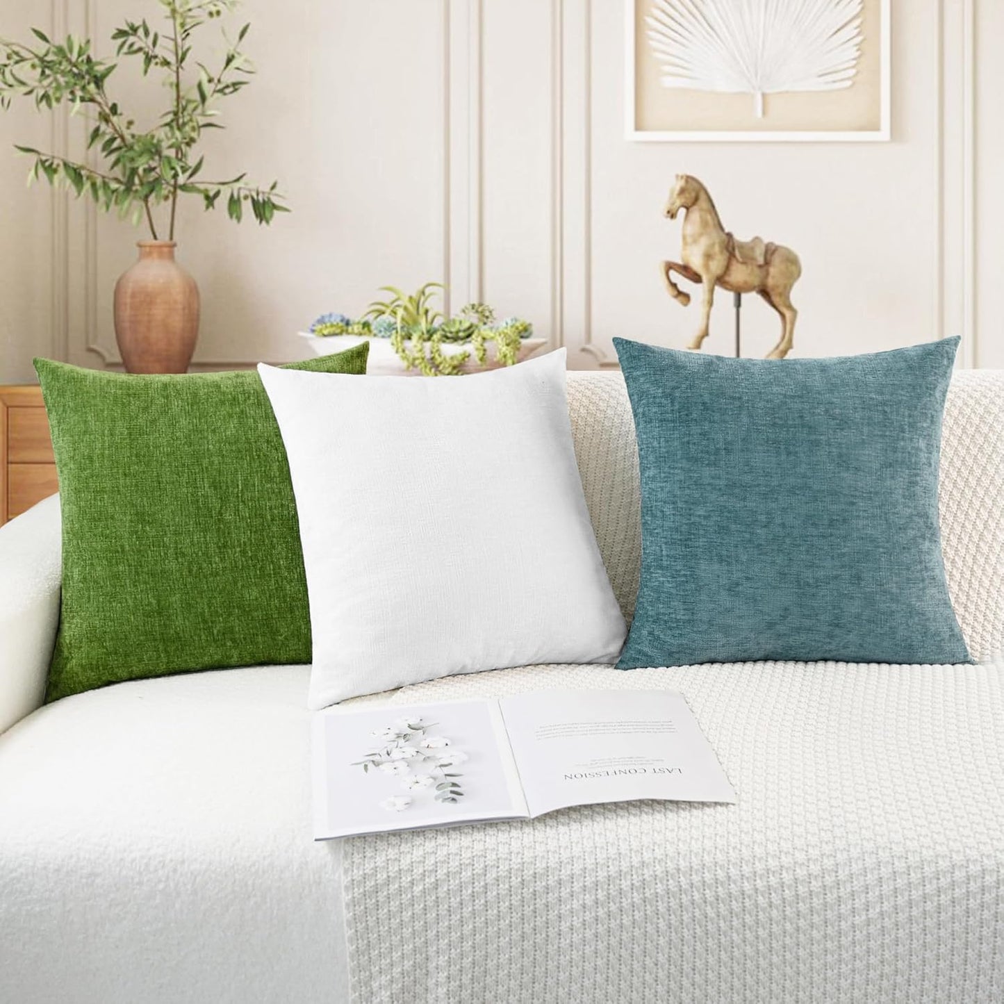 CaliTime Throw Pillow Covers Decorative 22 X 22 Inches Pack of 2 Cozy Chenille Cushion Cases for Couch Sofa Bed Living Room Home True White