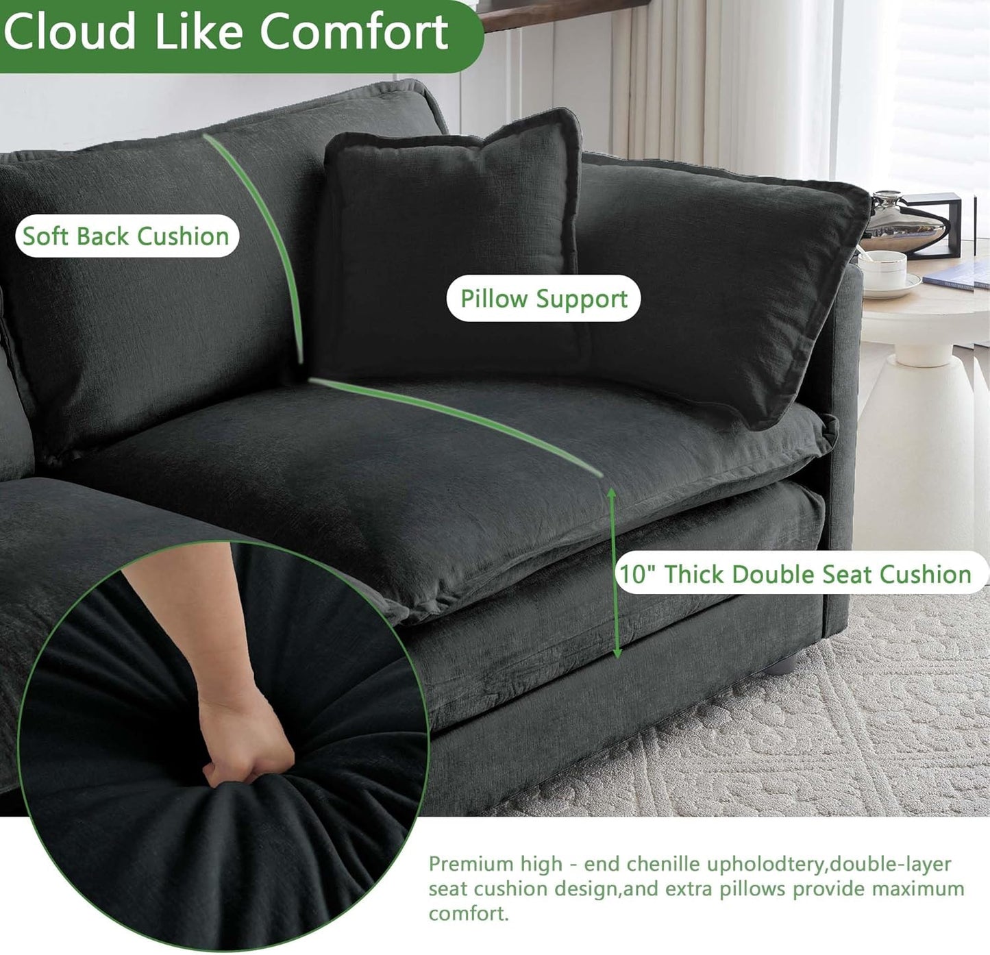 Sectional Sofa 3 Seater with Movable 1 Ottoman,Oversized Modular Couch Deep Seat (Black, 111.5 inch-L)