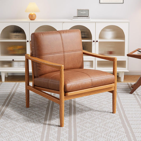 Mid Century Modern Accent Chair, Wooden Accent Chairs, Accent Chairs for Living Room, Wood Frame & Soft Cushion, Reading Leisure Chair for Living Room, Reading Room, Bedroom