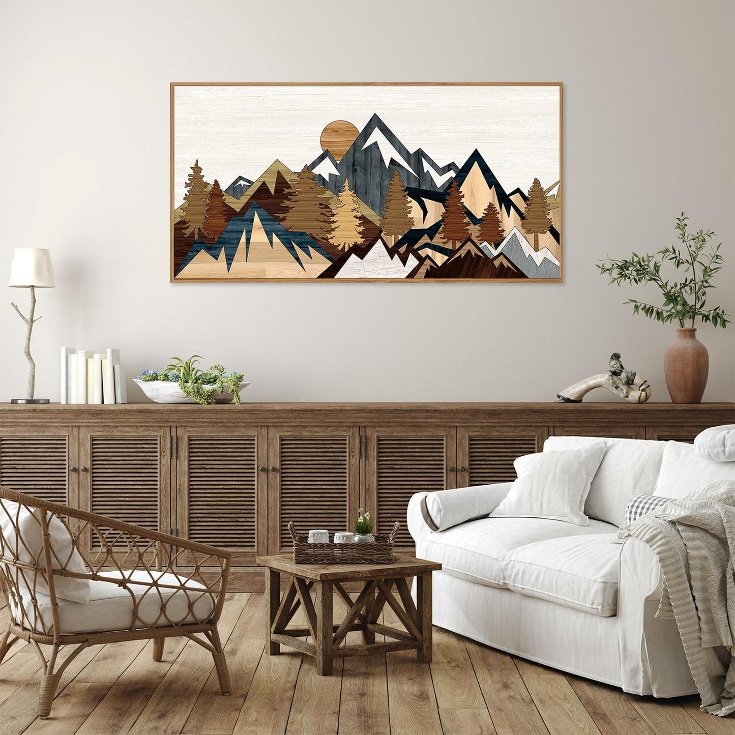SIGNINART Large Mountain Framed Canvas Wall Art, Boho Sunrise Wilderness Wall Decor, Vintage Forest Nature Artwork, Modern Farmhouse Woodcut Style Art Prints for Living Room Bedroom, Office 20"x40"