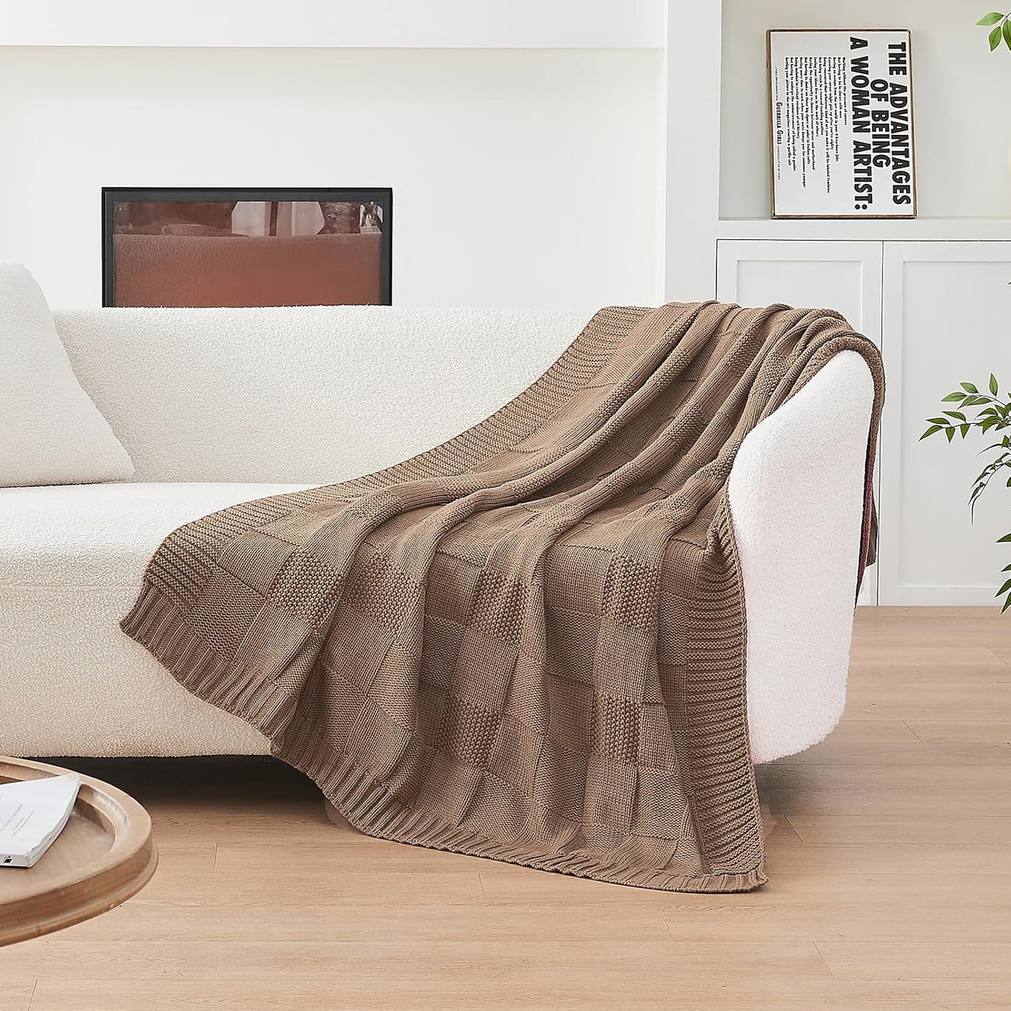 CozeCube Check Knit Throw Blanket, Light Brown Checkered Throw for Couch, Decorative Christmas Soft Cozy Warm Knitted Blanket for Bed Sofa Living Room, 50"X60"