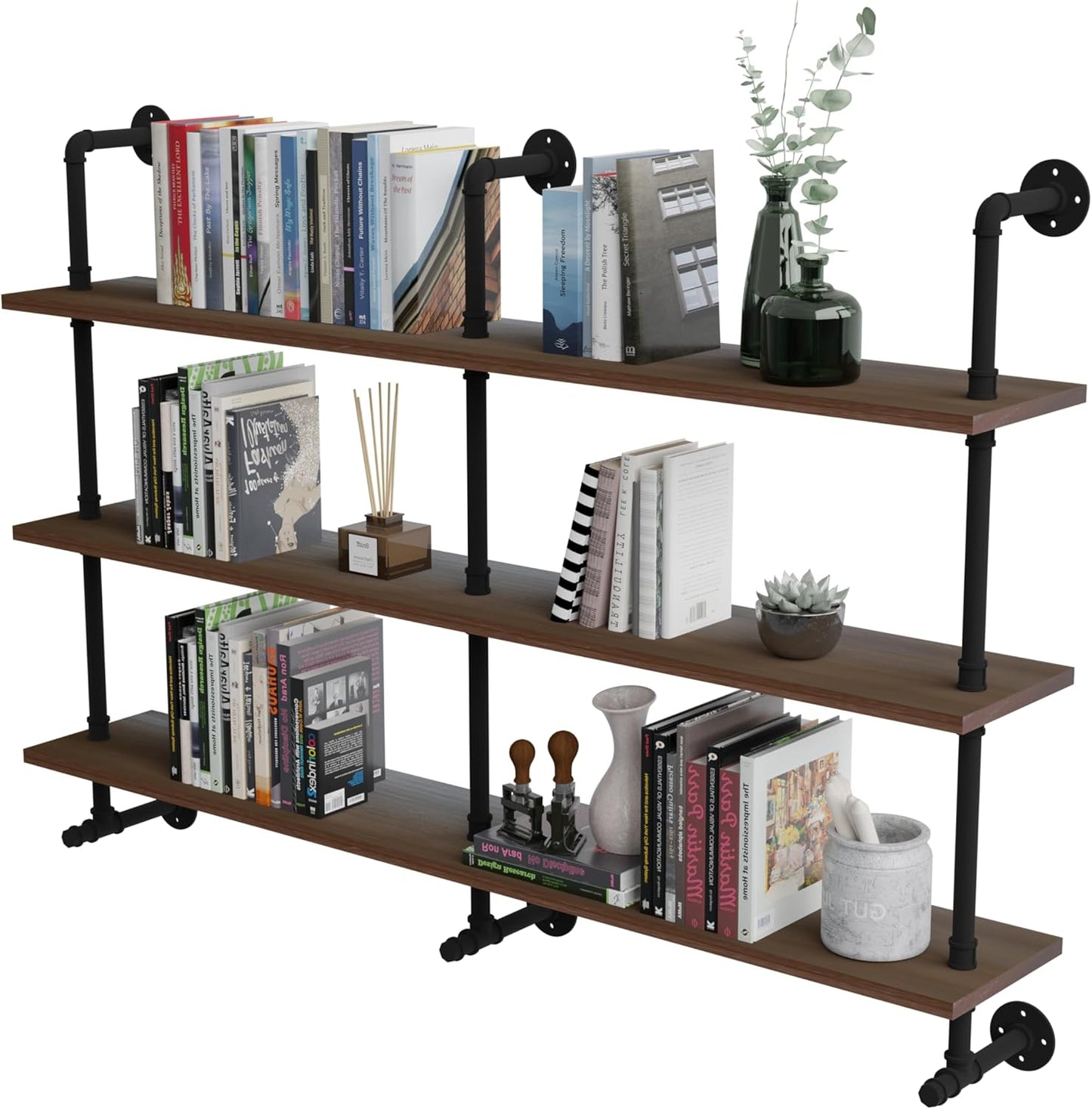 ROGMARS Industrial Pipe Wall Shelves Pipe Shelving,Natural Wood 60 Inches Long Walnut Floating Shelves for Wall Farmhouse Pipe Book Shelves for Kitchen,Living Room, Bar Shelving