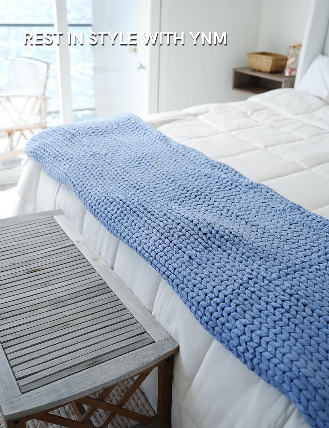 YnM Chunky Throw Blanket, Medium-Weight, Hand Knitted, Skin Friendly, Ventilated and Breathable, Machine Washable, Home Décor Piece for Couch, Sofa and Bed (Cerulean Blue, 60x80 Inch)