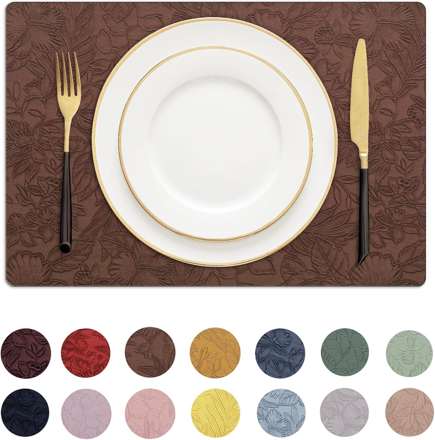 Romanstile Vinyl Placemats Set of 8-12 X 18 Inch - Heat Resistant Non-Slip Embossed Floral Place Mats 100% Waterproof Oilproof Wipeable Faux Leather Table Mats for Kitchen/Dining/Party, Brown