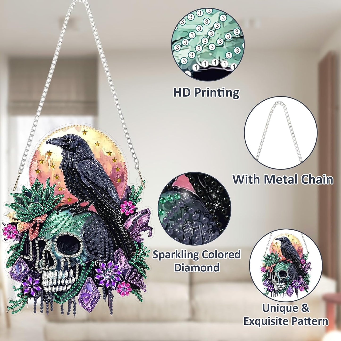 SENQAO Crow Diamond Art Hanging Kit for Adult, Special Shaped Rhinestone, Double Sided DIY Acrylic Diamond Art Painting Window Pendants Home Garden Wall Hanging Kits Hanging Ornament (Raven Skull)