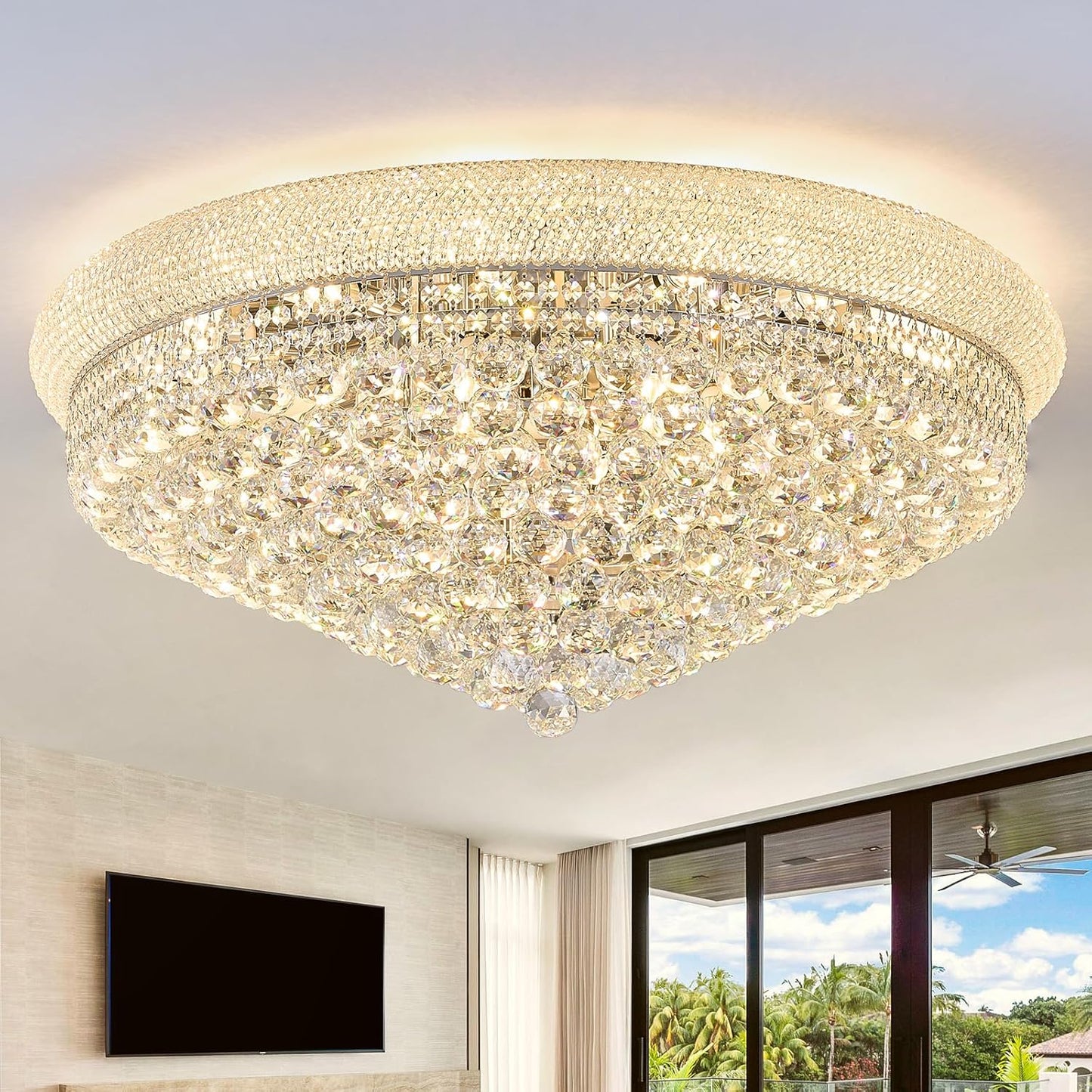 18-Light 32 inch Large Crystal Chandelier Flush Mount Ceiling Light Fixture for Living Room Dining Room Bedroom Foyer Entryway Chrome Finish