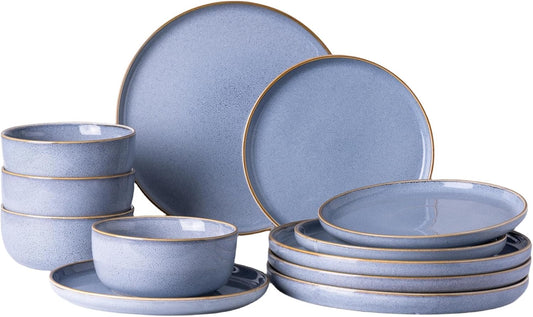 GBHOME Ceramic Dinnerware Sets for 4, 12 Pieces Stoneware Plates and Bowls Sets, Scratch Resistant Dishe Set for Dinner, Dishwasher & Microwave Safe, Brunnera Blue
