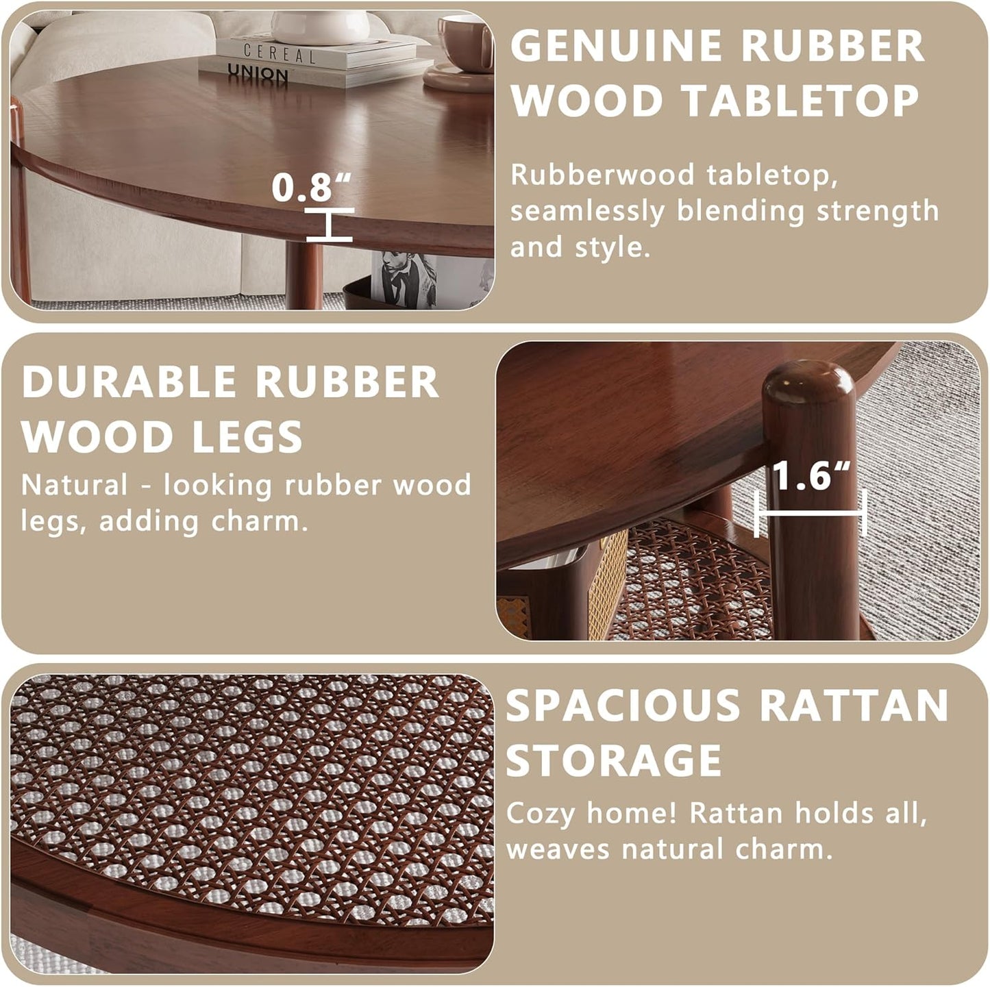 NSdirect Round End Table for Living Room, 2-Tier Rustic Wood Center Table for Home Decor with Boho Woven Rattan Storage Shelf | Modern Farmhouse Design, Easy Assembly, Red Brown