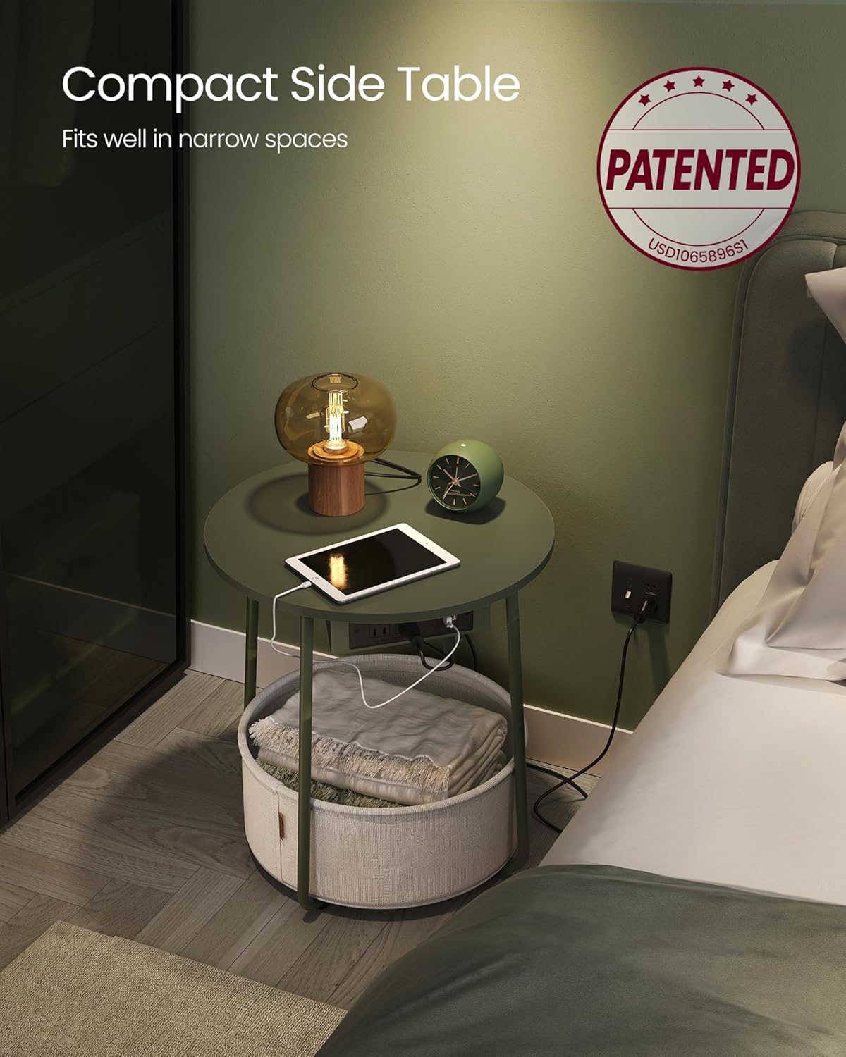 VASAGLE Side Table with Charging Station, Round End Table with Fabric Basket, Nightstand with Power Outlets, USB Ports, for Living Room, Bedroom, Modern, Forest Green and Cream White ULET228C04