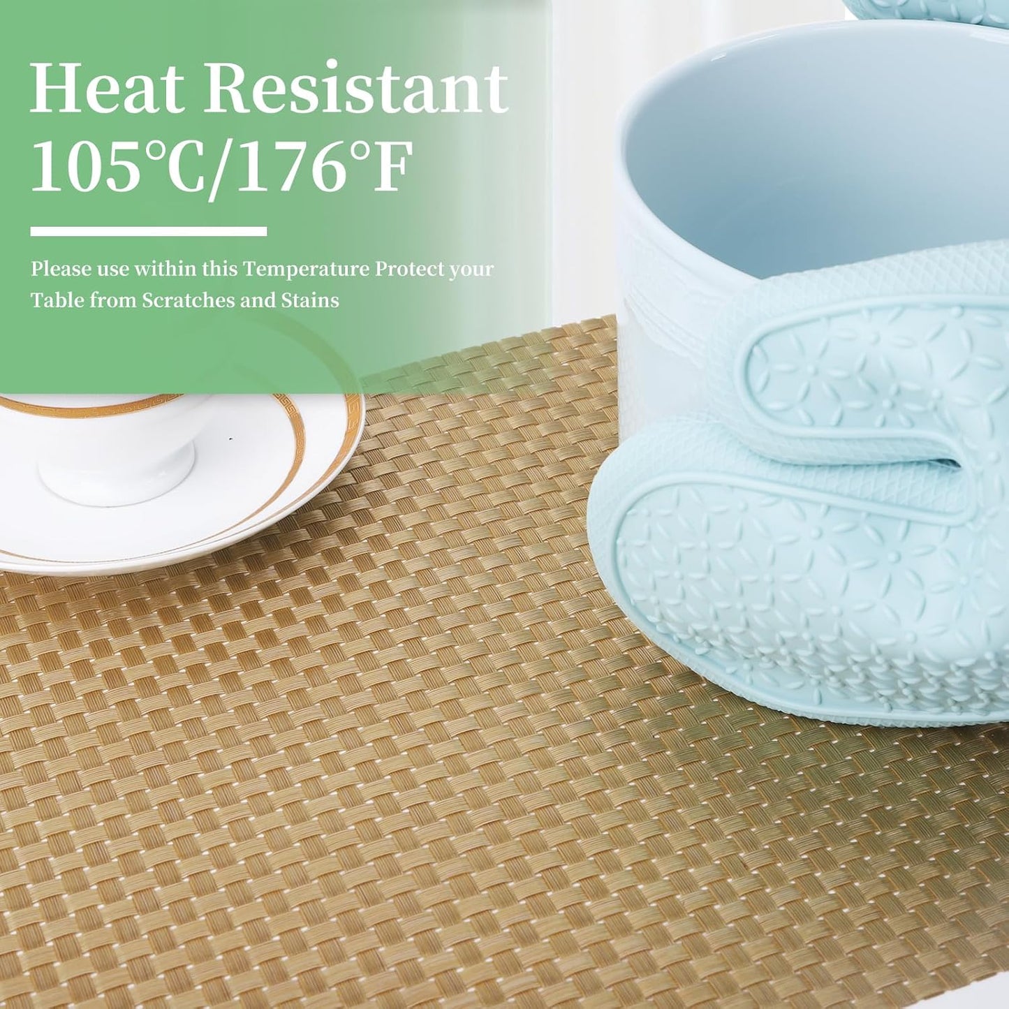 Vinyl Plastic Placemats Set of 4 Washable Heat Resistant Non-Slip Elegant Indoor Outdoor Kitchen Dining PVC Woven Table Place Mats (Gold Weaving)