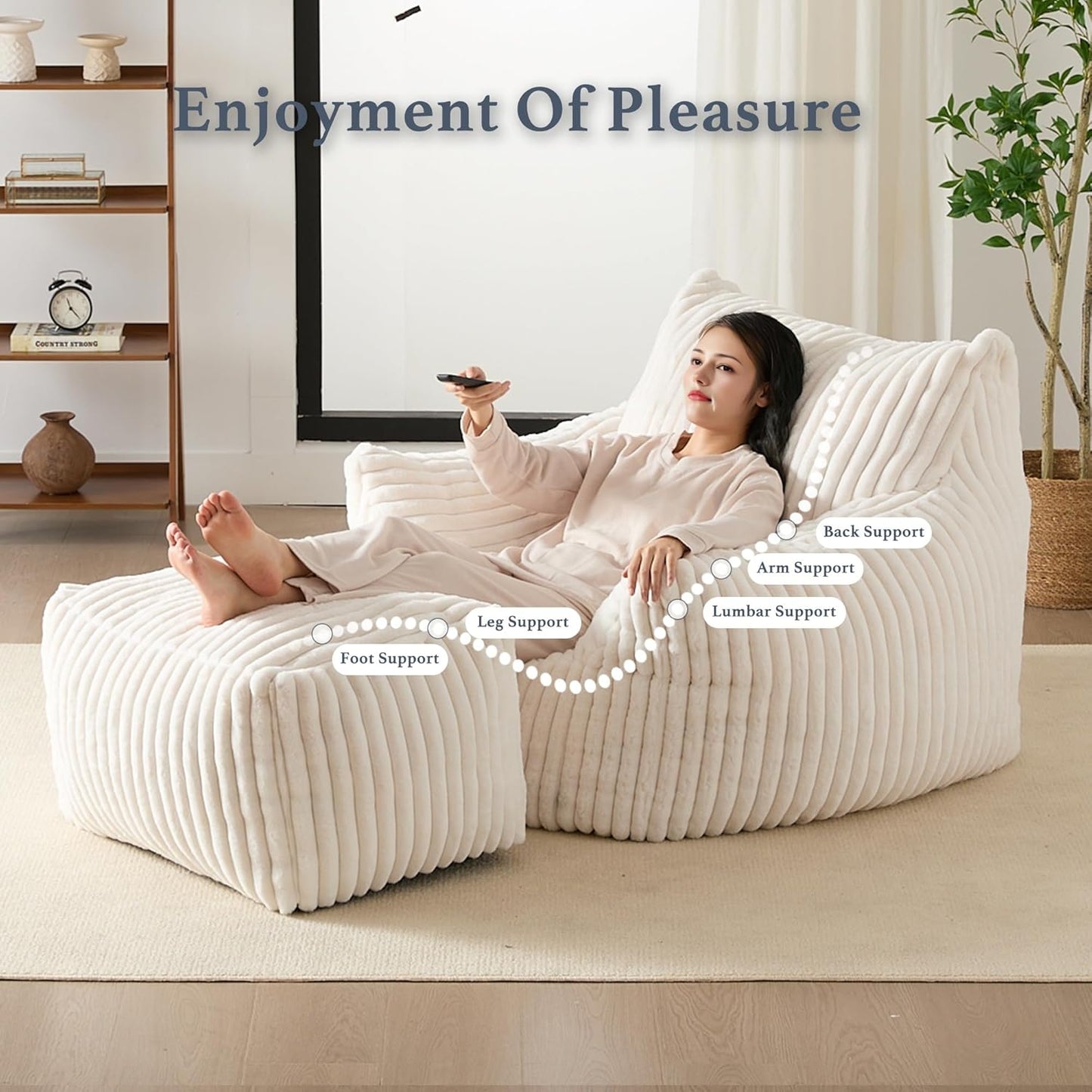Oversized Bean Bag Chaise Lounge Chair Indoor for Adults with Armrests & Ottoman - Giant Comfy Beige Beanbag Lazy Floor Sofa Cloud Accent Chair for Reading, Gaming, Cozy Fluffy Cloud Mini Couch