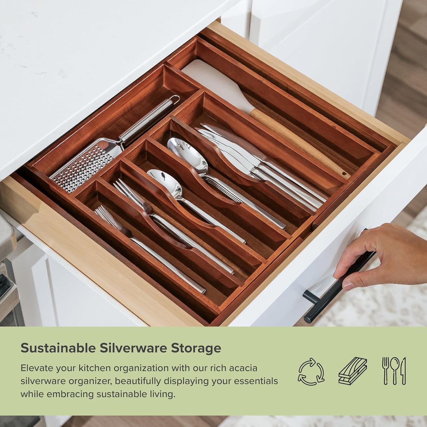 Premium Silverware, Flatware and Utensil Organizer for Kitchen Drawers, Expandable 14.5 to 25 Inches Wide, 10 Compartments, Food-Safe Premium Acacia Wood Finish Kitchen Storage Tray