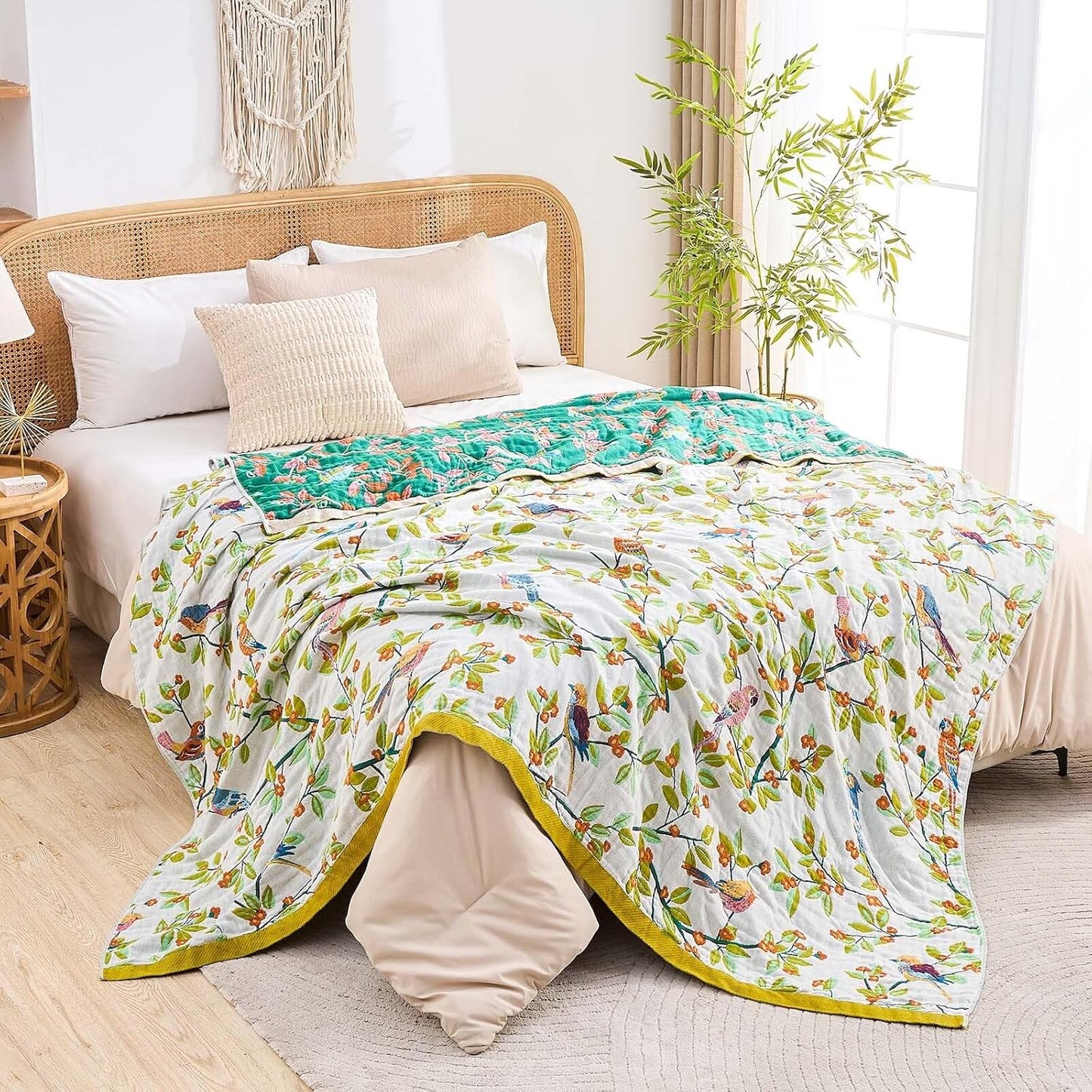 Boho Throw Blanket for Bed, 100% Cotton Soft Rustic Quilt Fall Blanket, 60"x80" Floral Printed Farmhouse Decor Bed Blankets, All Season Rustic Reversible Bohemian Throw Quilt