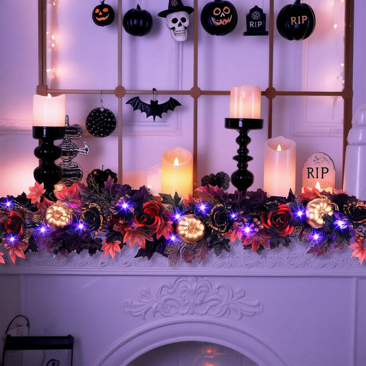 SHareconn 2 Pcs 9FT Halloween Garland with Purple Lights Battery Operated and Timer, Pre-Lit Black Red Maple Leaves Lighted Garland Decorations for Fireplace Mantle Centerpiece Indoor Outdoor Decor