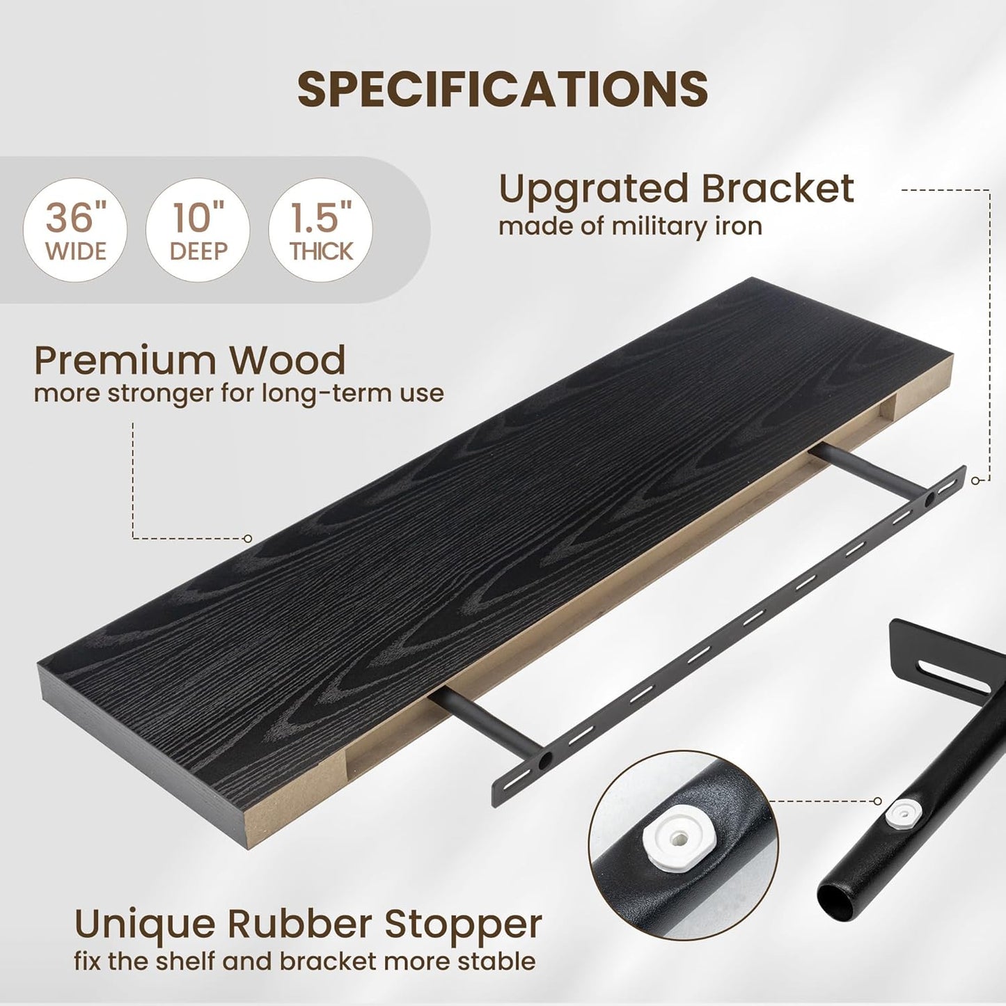 Fun Memories Floating Shelves for Wall 36 Inches, Wood Shelves with Invisible Bracket, 10" Deep Shelves Wall Mounted, Large Wood Floating Shelves for Living Room Bathroom, Black, Set of 2