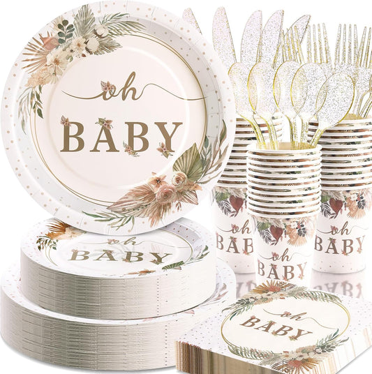 350 Pcs Boho Baby Shower Decorations for Girl, Baby Shower Plates and Cups and Napkins Sets, Oh Baby Plates for Western Sweet Baby Girl, Summer Fall Gender Neutral, Serves 50