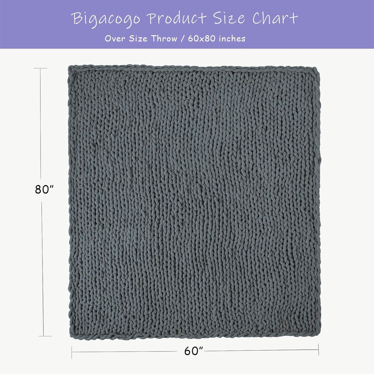 Bigacogo Chunky Knit Throw Blanket for Couch, 60x80 inches, 100% Hand Knitted with Thick Jumbo Chenille Yarn, Cozy Soft Large Rope Knot Cable Crochet Blankets for Sofa Bed Living Room, Iron Gray
