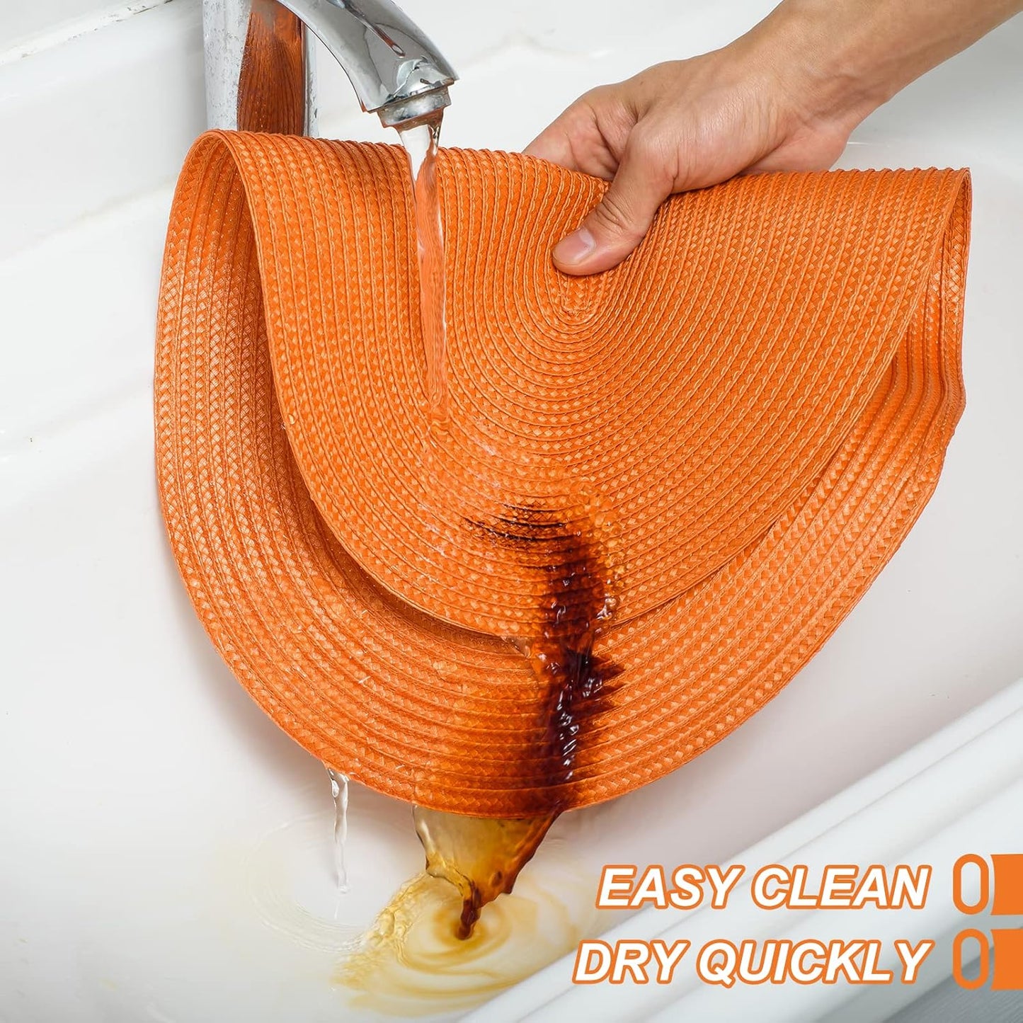 AHHFSMEI Placemats Set of 6 for Dining Table Washable Woven Vinyl Non-Slip 18x12 inches Placemat Heat-Resistant Durable Table Mats for Dining Table Easy to Clean(Oval Orange,6)