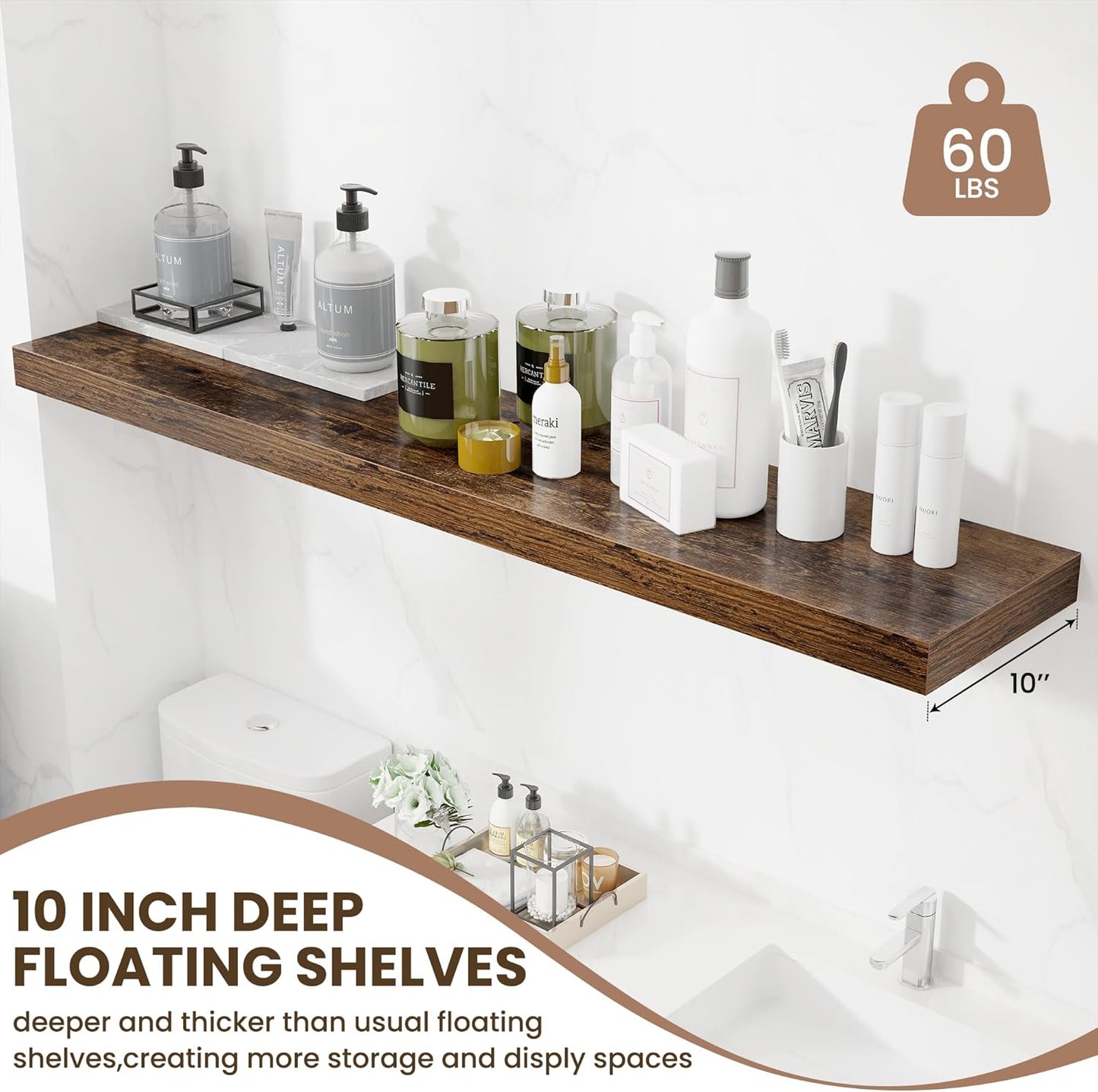 Fun Memories 55 Inch Fireplace Mentel Shelf, 10 Inch Deep Shelves for Display&Wall Storage, Rustic Wood Wall Shelf -Extra Long Floating Shelves for Living Room Laundry Room, Rustic Brown, Set of 1