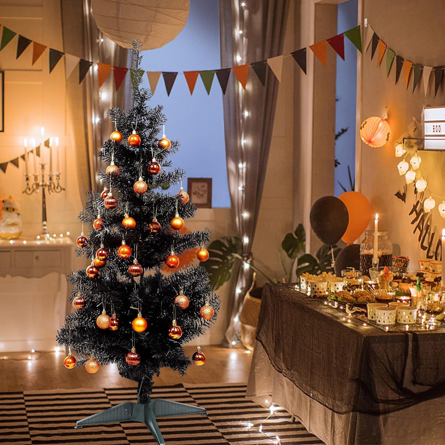 Lulu Home Halloween Ball Ornaments, 34 Ct 1.57" Pre-Strung Hanging Ornament Decorations, Shatterproof Plastic Balls for Holiday Party Wreath Garlands Trees, Orange