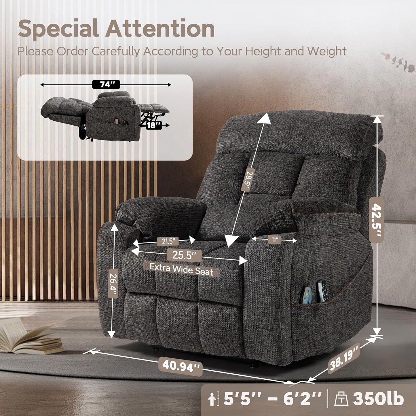 Lazy Boy Recliner Chair with Heated and Massage, 4 Motor Headrest, Lumbar Independent Adjustment Power Lift Recliner with Hidden Cup Holder、Side Pocket、Back Pillow