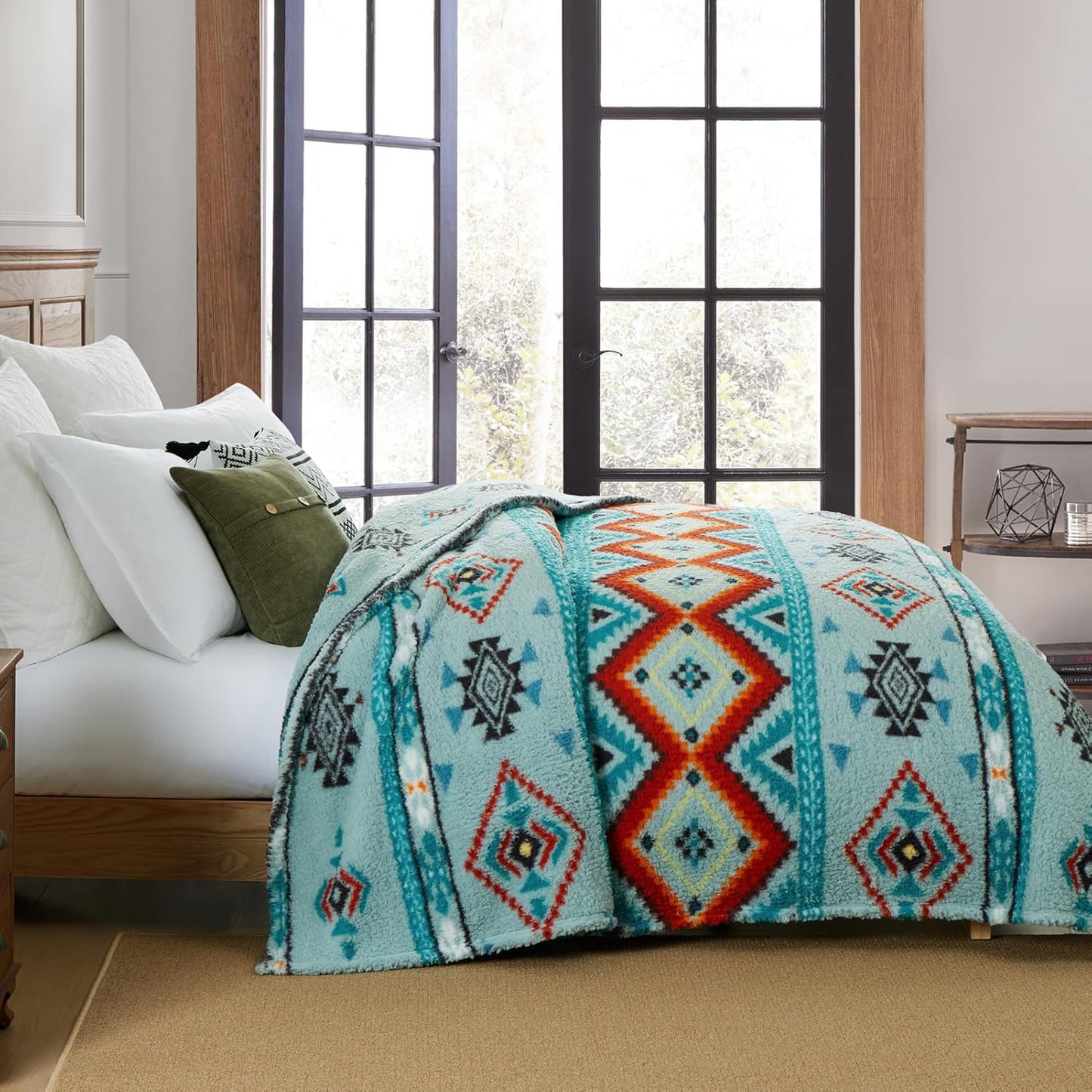 CASAAGUSTO Boho Sherpa Throw Blanket, Aztec King Size Blanket, Ultra Soft, Warm, Cozy, Plush, Thick Fleece Bohemian Throw Blanket for Couch, Bed, Sofa (Aqua 108 * 90 Inch)