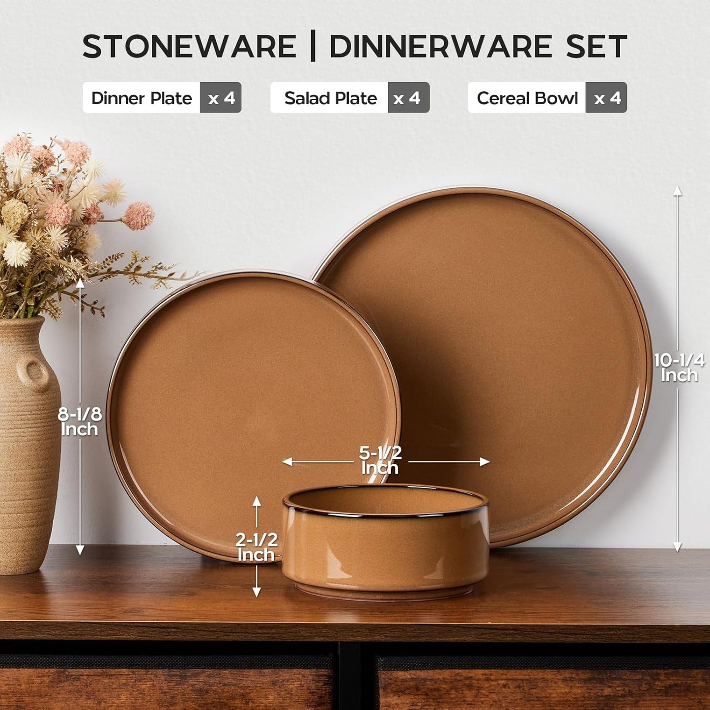 Onader Stoneware Dinnerware Sets for 4, Plates and Bowls with Unglazed Terracotta Bottom, Elegant Kitchen Ceramic Dish Dishware Set, Reactive Glaze 12 Piece - Earthy Umber