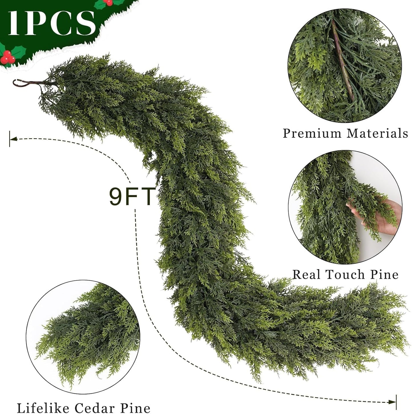 Real Touch Cedar Garland - Artificial Christmas Garlands Faux Green Cedar Fake Pine Needles Garland for Fireplace,Table, Stairs, Mantle, Window,Indoor Outdoor,Home,Holiday Decor(1 PCS,9 FT)