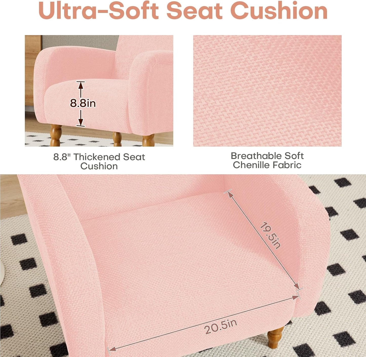 Chenille Fabric Accent Chair, Upholstered Armchair with Solid Wood Legs, Modern Living Room Accent Chair, Comfy Single Sofa Chair Reading Club Chair for Bedroom Reception Lounge, Pink