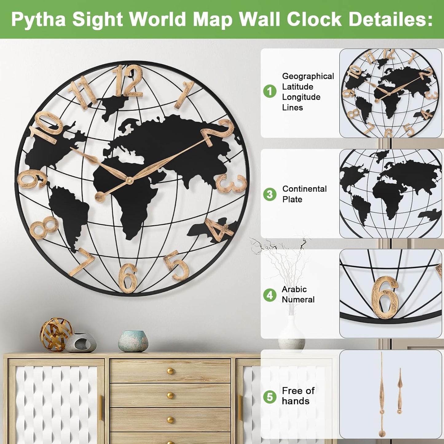 30 Inch Extra Giant Large Wall Clock Oversized,Black Big Metal Modern Decorative Silent World Map Wall Clock with Vintage Gold Arabic Numeral for Office,Living Room,Kitchen,Dining Room Decor