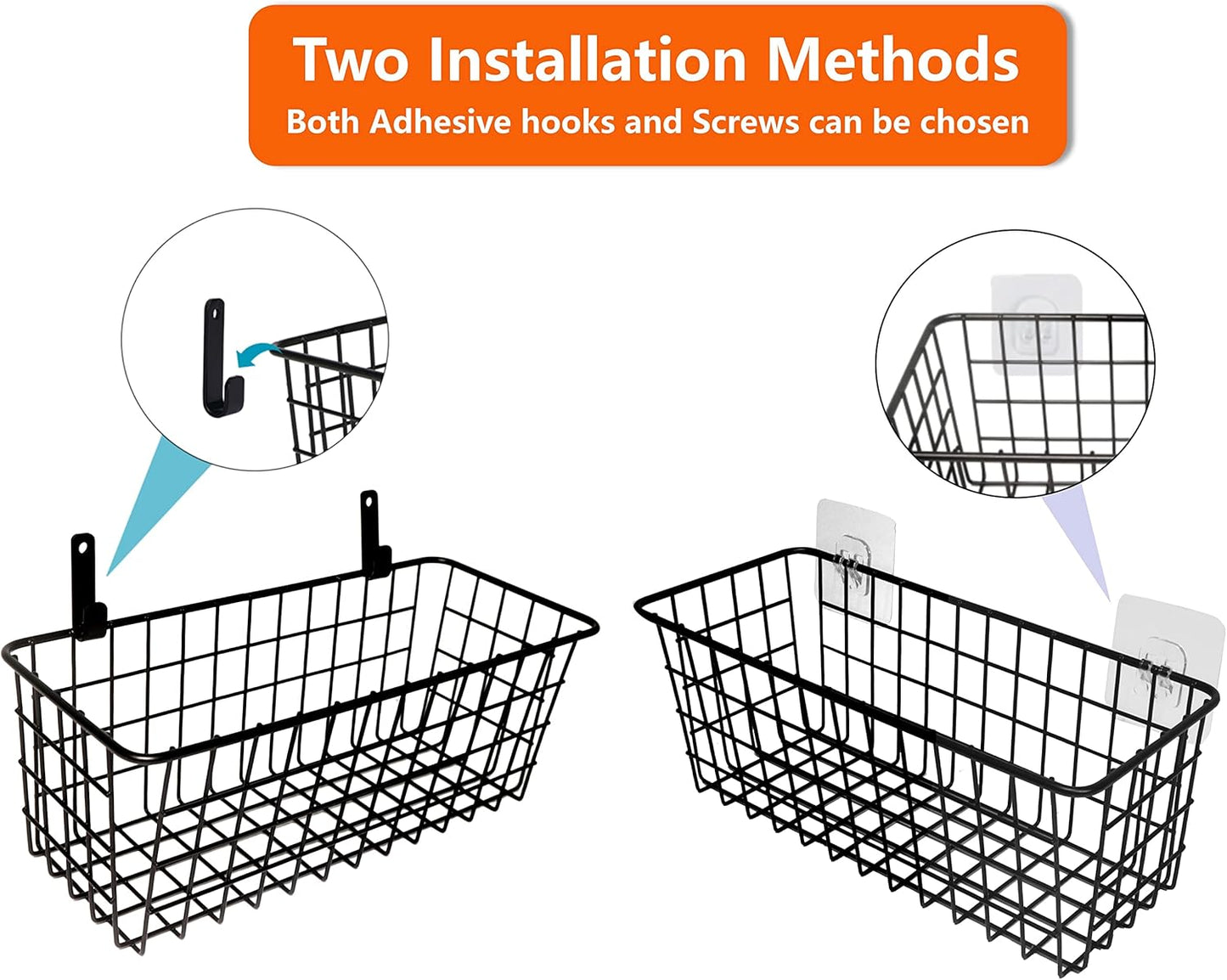 Joben Oligey 3 Set Hanging Wire Baskets ,Wall Mount Fruit Basket,No Drilling,Adhesive Small Metal Basket,Farmhouse Food Storage Mesh Bin Kitchen Pantry Laundry Bathroom Closet Garage RV ,Black