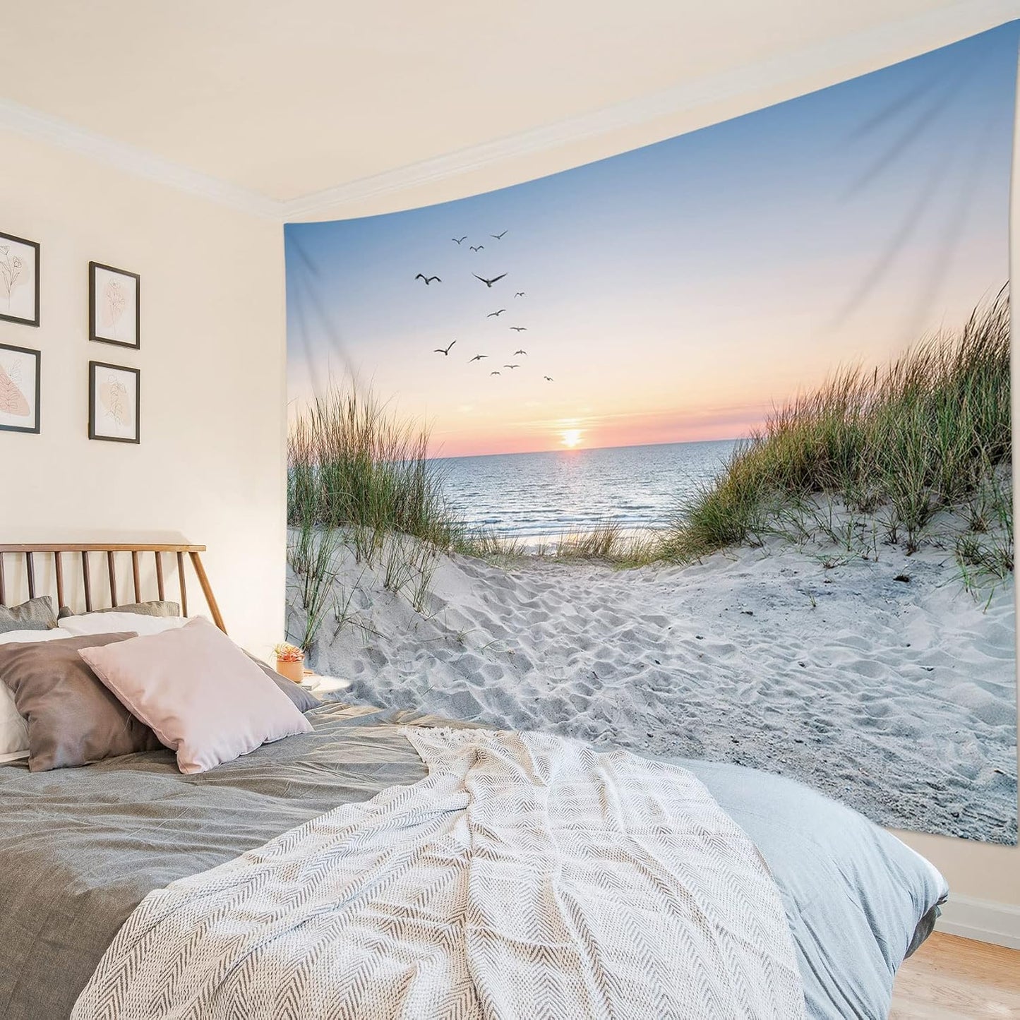 HVEST Ocean Beach Tapestry Wall Hanging, Sunset Seabird and Beach with Grass, Natural Landscape for Bedroom, Living Room, Dorm Decoration, 92.5x70.9 Inches