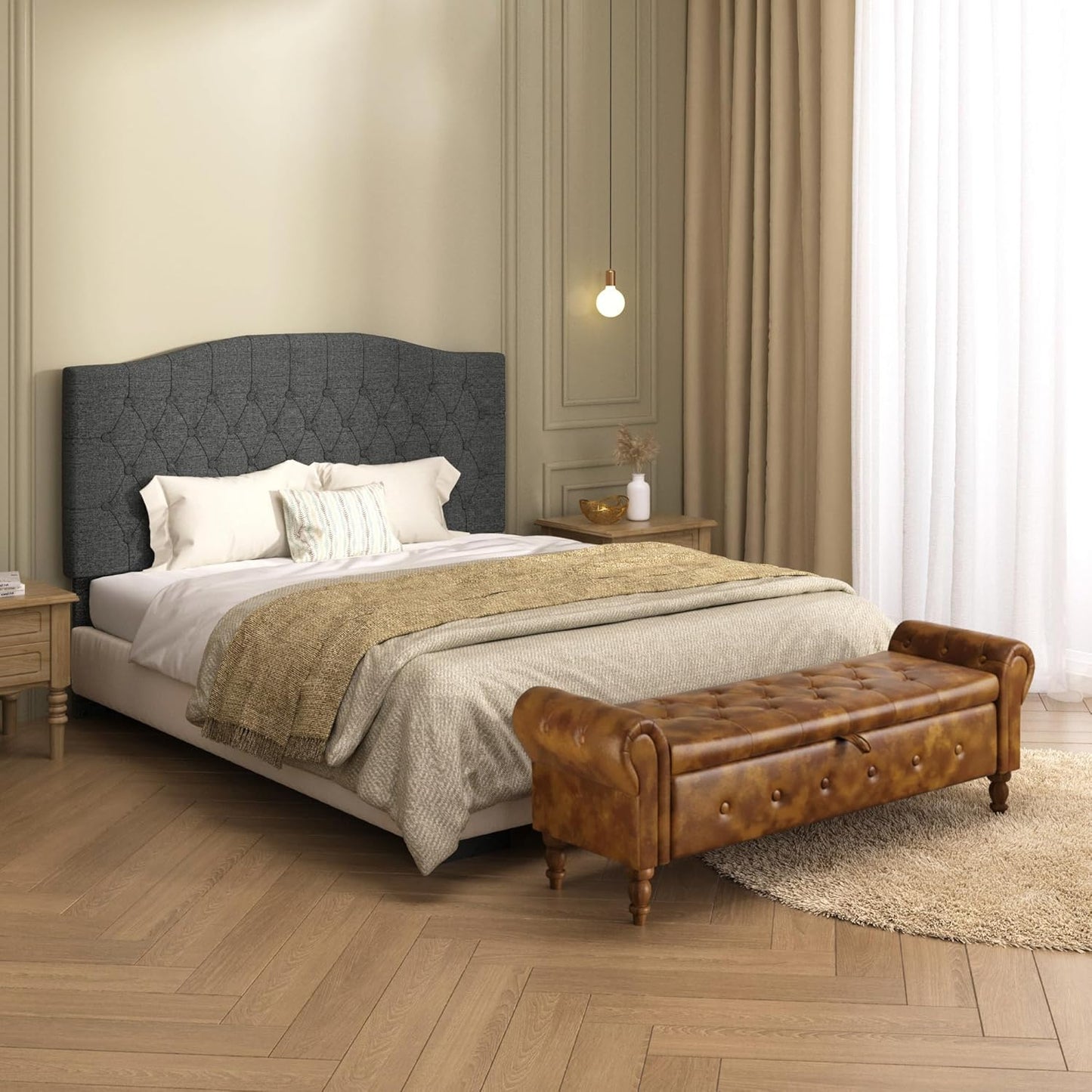 Storage Ottoman Bench for Bedroom, 52" Leather End of Bed with Rolled Arms, Upholstered Ottoman Fit for Living Room, Entryway, Faux Leather Brown