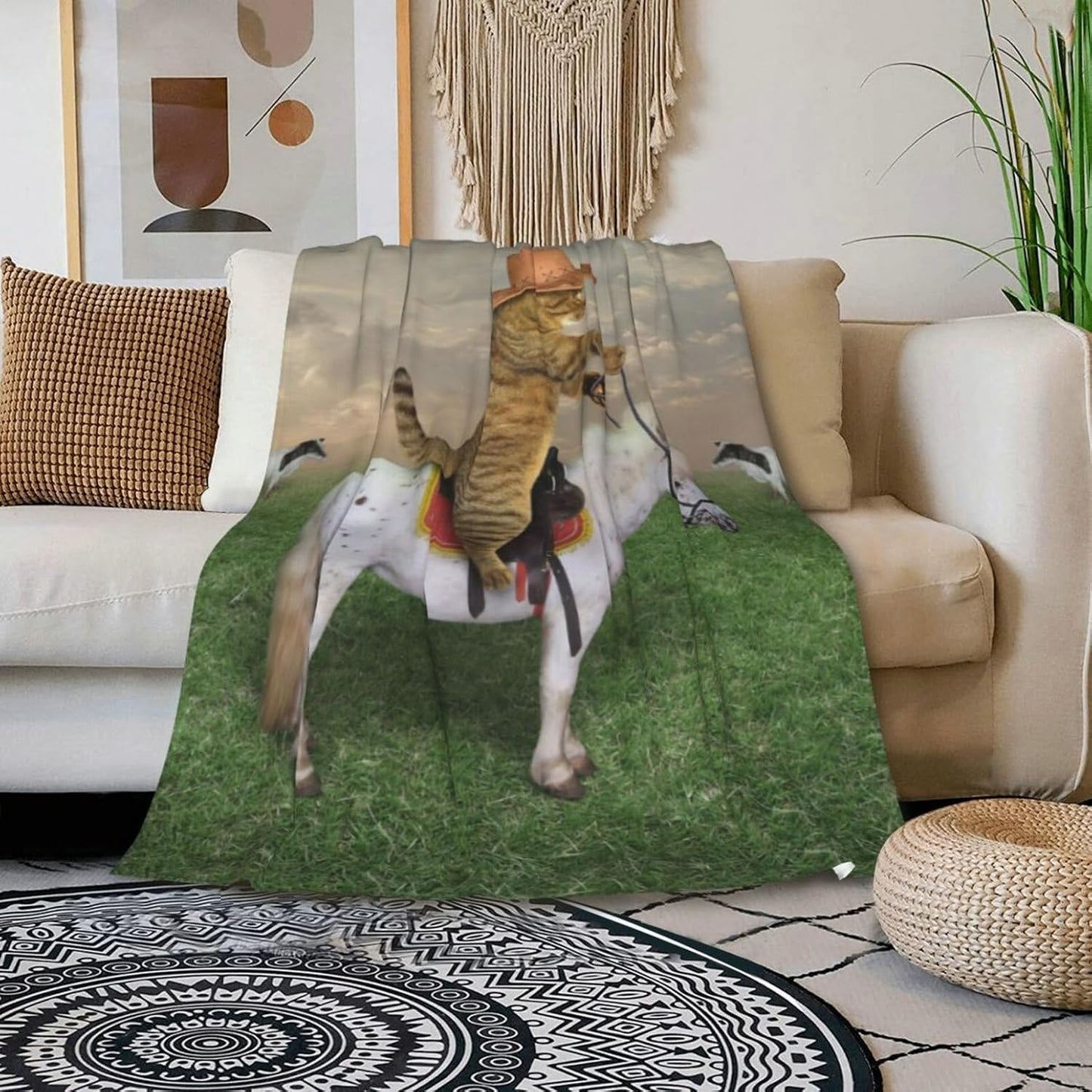 HGOD DESIGNS Funny Cat Throw Blanket Ultra Soft Warm All Season The Cat Cowboy on a Horse Decorative Fleece Blankets for Bed Chair Car Sofa Couch Bedroom 50"X60"