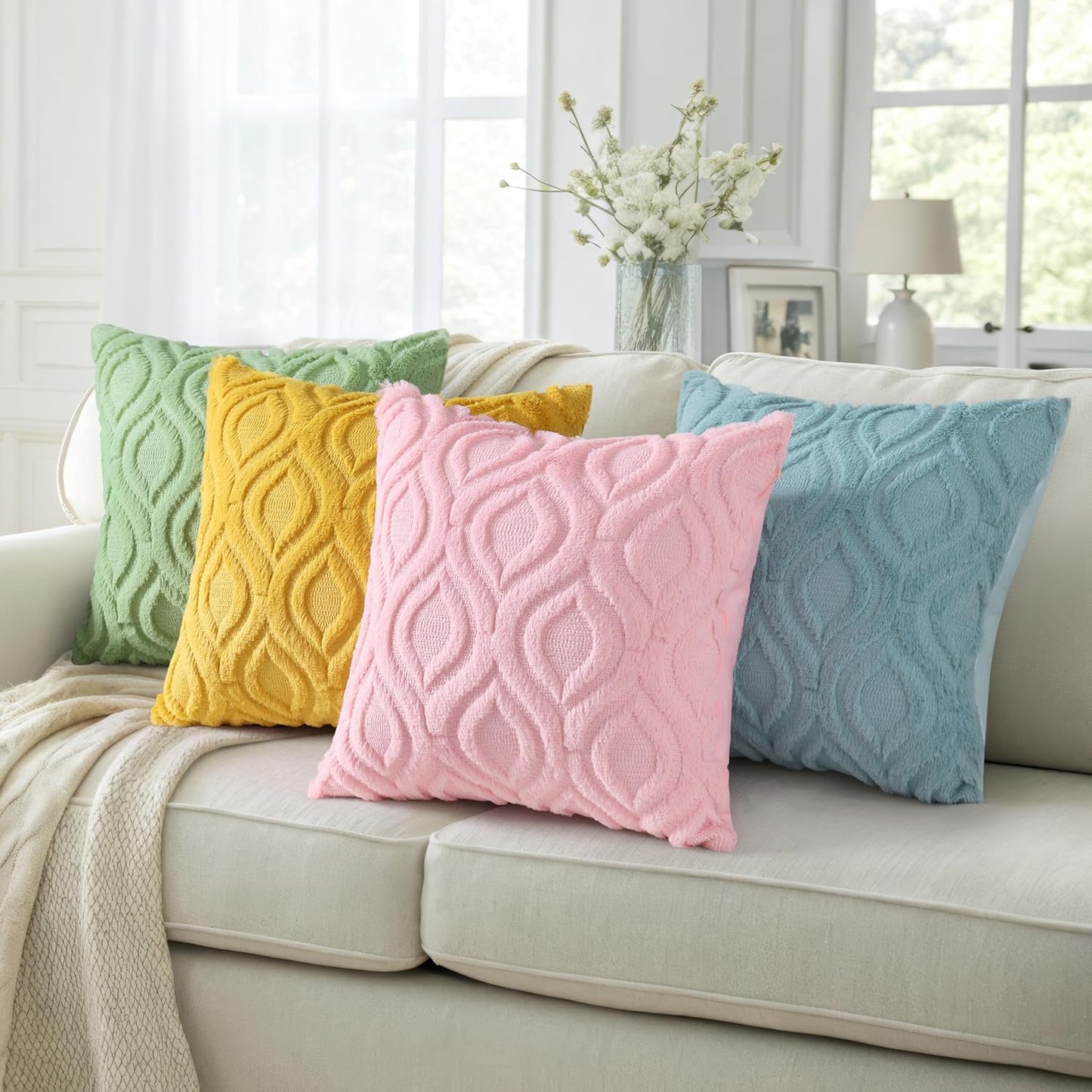 decorUhome Fall Throw Pillow Covers 18x18 Inch Set of 2, Soft Plush Decorative Faux Fur Aqua Solid Couch Pillow Covers, Accent Farmhouse Neutral Square Euro Pillow Cases for Sofa Bed Living Room