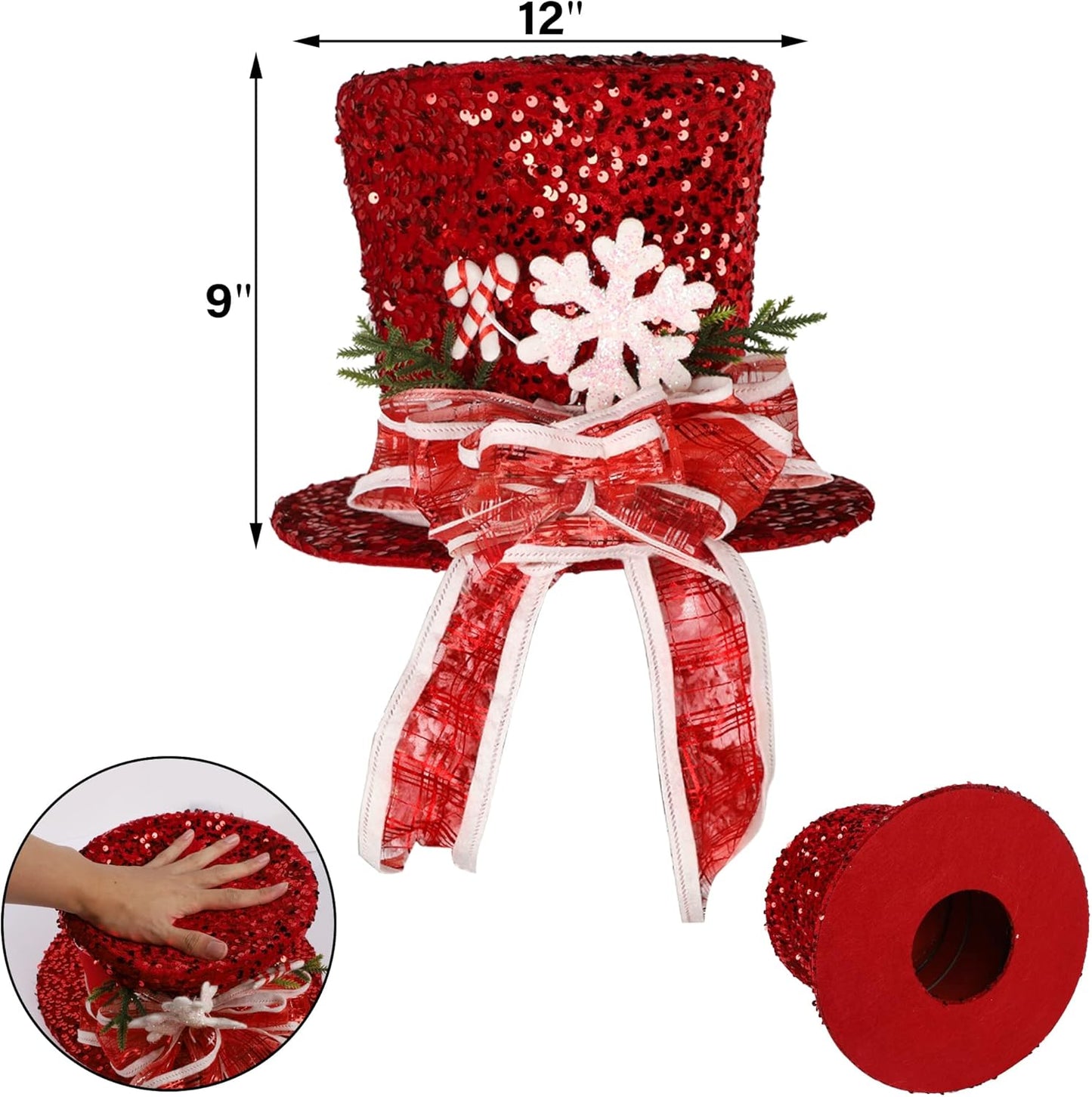 Prsildan Christmas Tree Topper Hat, Large Red Sequins Top Hat with Bow Ribbon and Snowflake, Christmas Decorations for Xmas Tree Snowman, Desktop Ornaments Holiday Home Decor