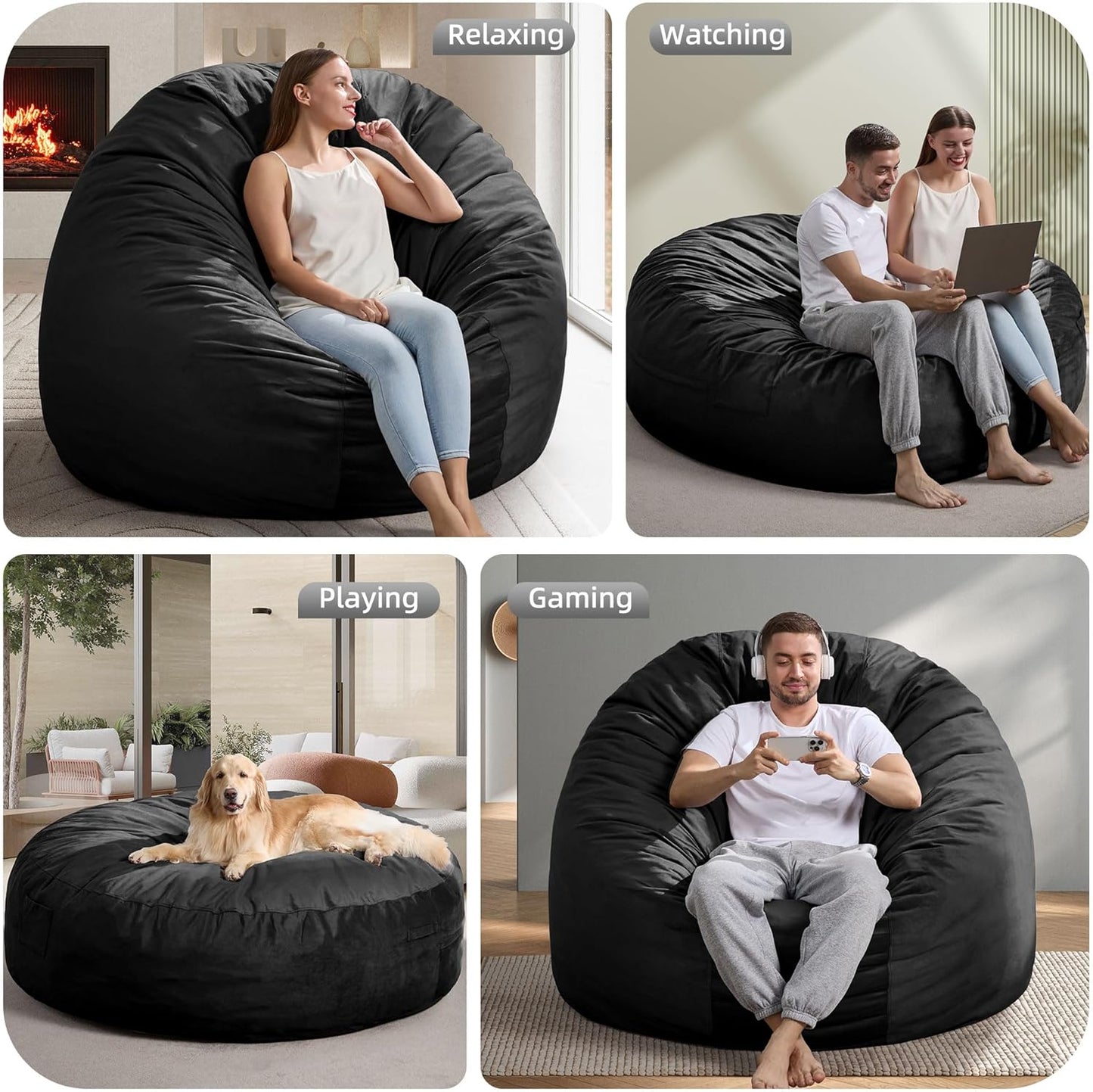 Hobestluk 6FT Bean Bag Chair Bean Bag Chairs for Adults Giant Bean Chairs with Velvet Cover, Memory Foam BeanBag Chair Fluffy BeanBag Chairs for Living Room, Bedroom- Black (70" x 70" x 15")