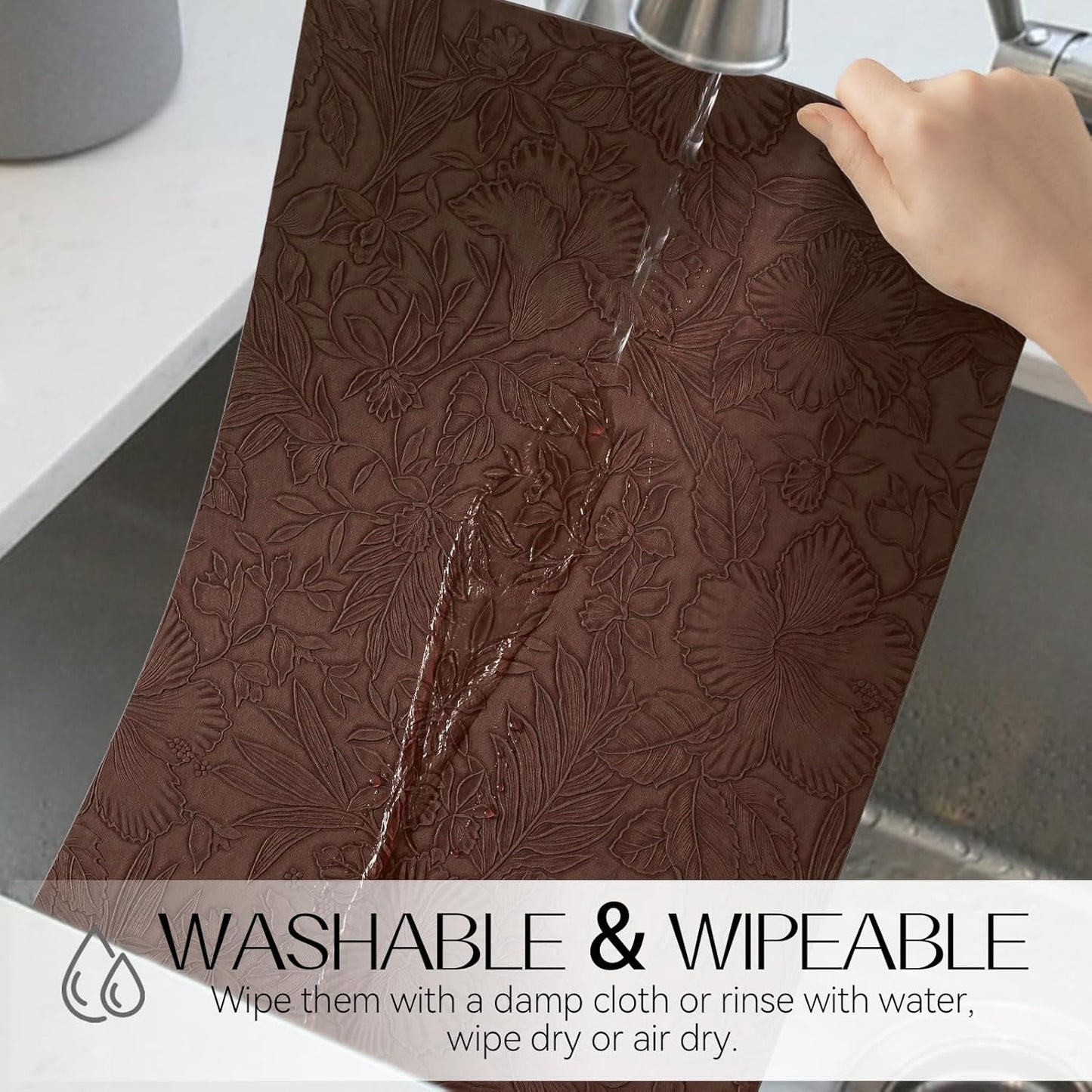 Romanstile Vinyl Placemats Set of 6-12 X 18 Inch - Heat Resistant Non-Slip Embossed Floral Place Mats 100% Waterproof Oilproof Wipeable Faux Leather Table Mats for Kitchen/Dining/Party, Brown